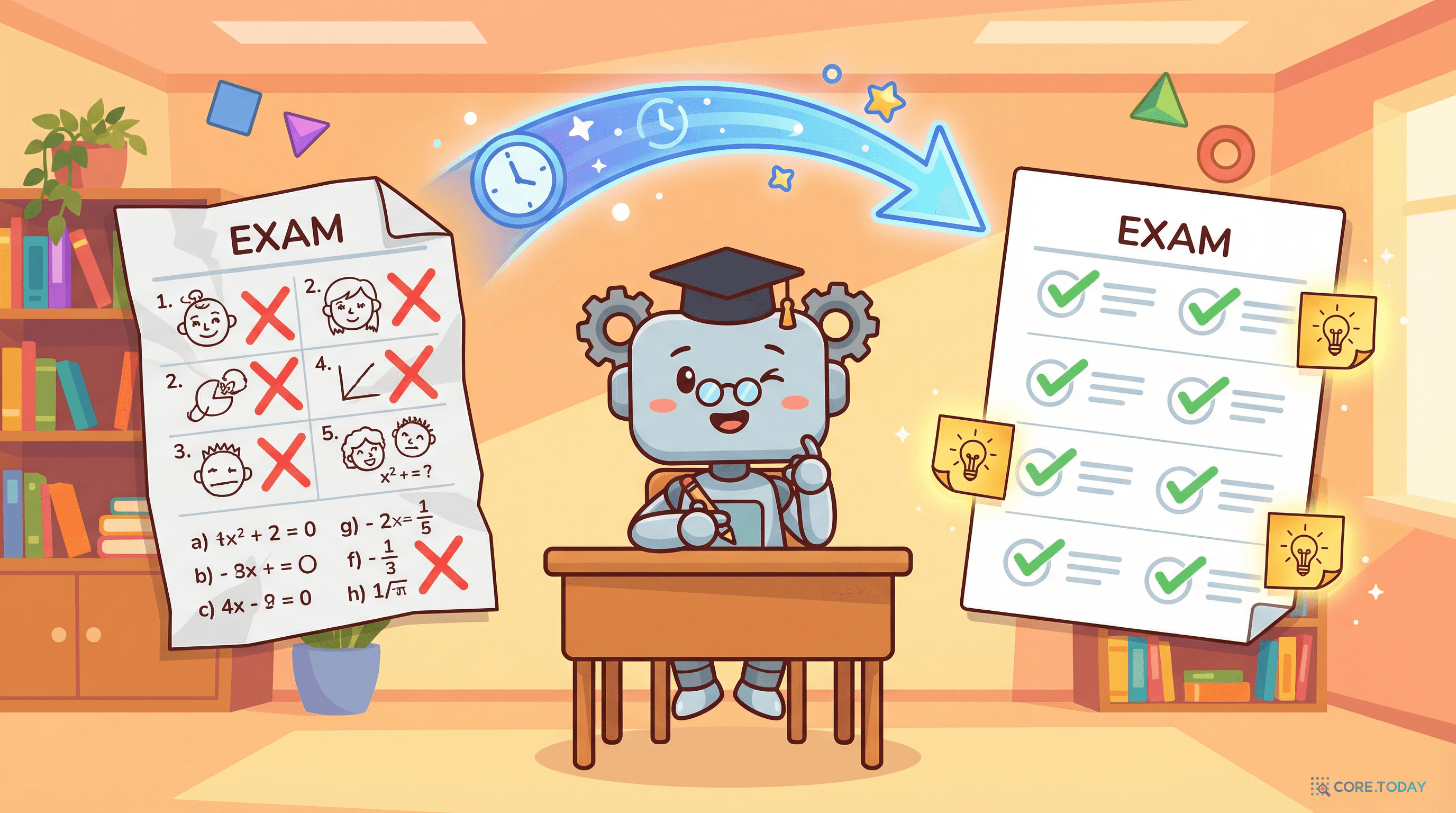 틀린 시험지와 힌트가 붙은 시험지를 비교하는 로봇 학생 — 사후지견 기반 학습