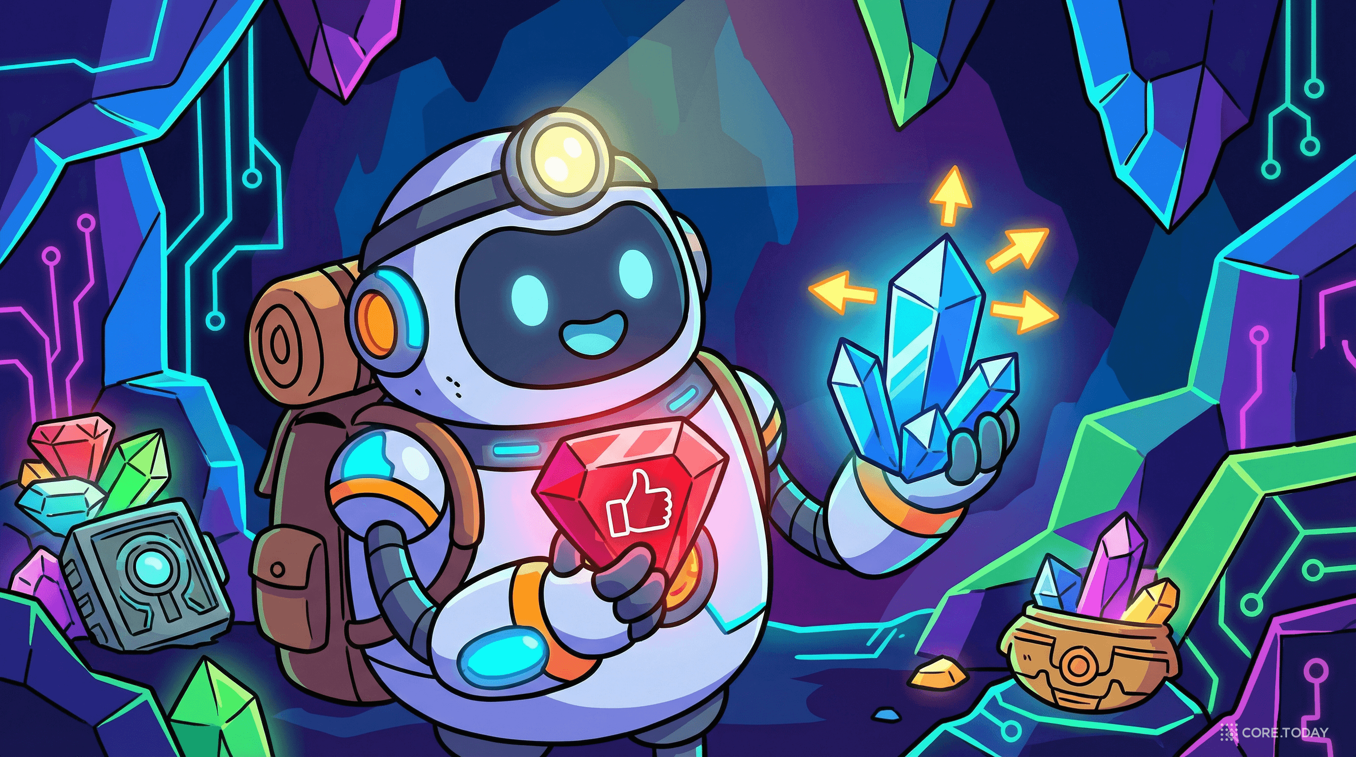 디지털 동굴에서 평가적 신호(빨간 보석)와 방향적 신호(파란 크리스탈)를 발견하는 로봇 탐험가