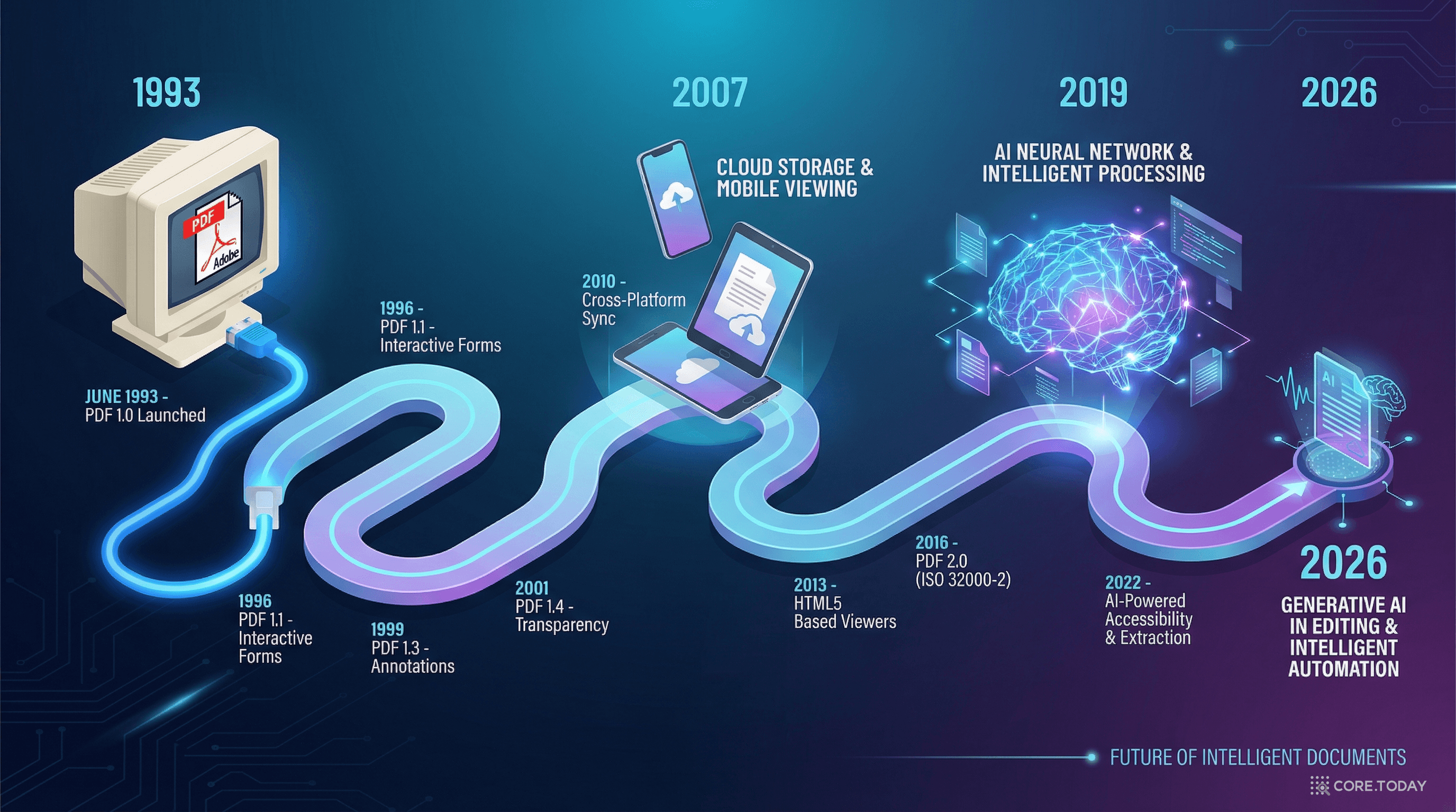 PDF 기술 진화의 타임라인 — 1993년부터 2026년 AI 시대까지