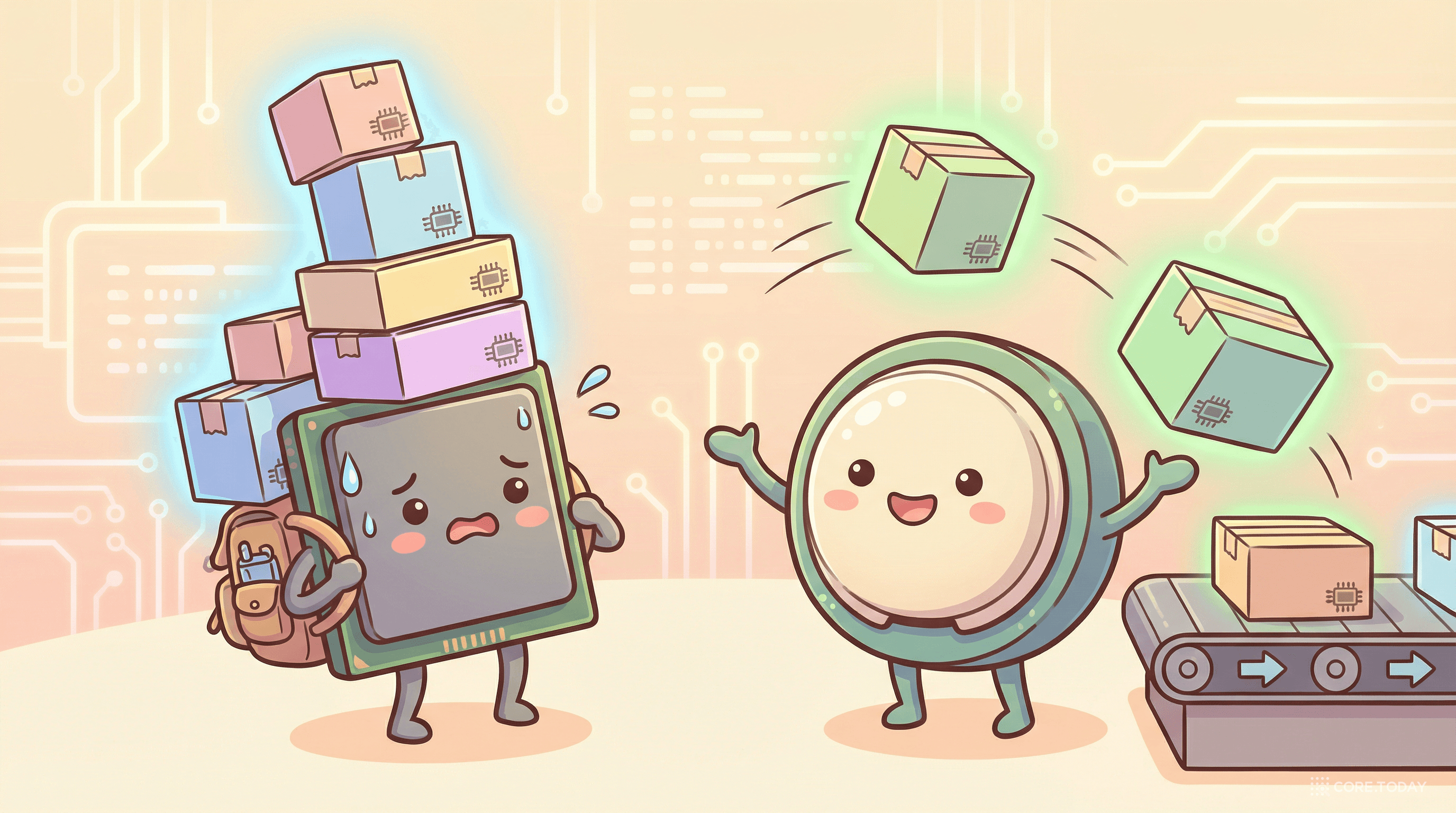 GPU 캐릭터가 박스(옵티마이저 상태)를 잔뜩 쌓아 힘겨워하고, CPU 캐릭터가 넘치는 박스를 받아주는 모습