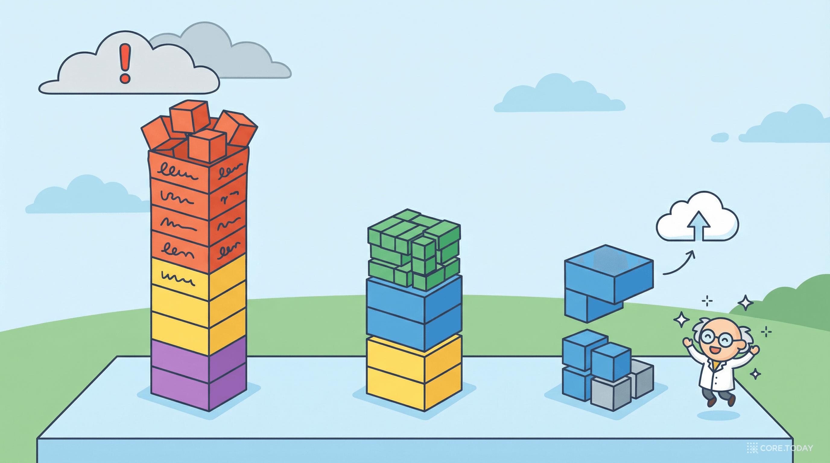 세 개의 건물로 표현한 메모리 사용량: Full AdamW(높은 빨간 빌딩) vs 8-bit(중간 초록) vs Paged+QLoRA(낮은 파란, 일부 클라우드로)