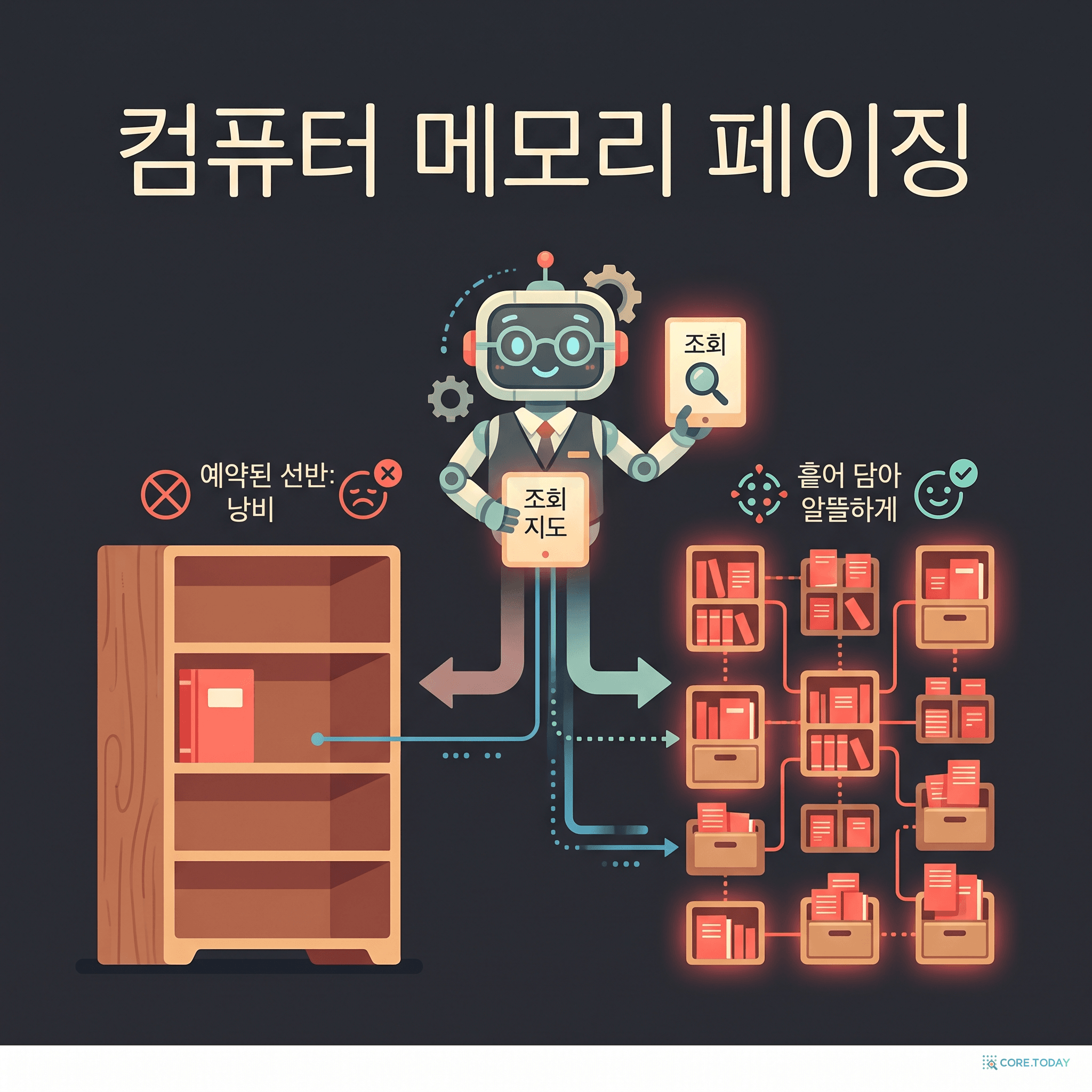 도서관 사서 로봇이 페이지들을 여기저기 흩어진 작은 선반 칸에 넣고 지도로 추적하는, 운영체제 페이징 비유 일러스트