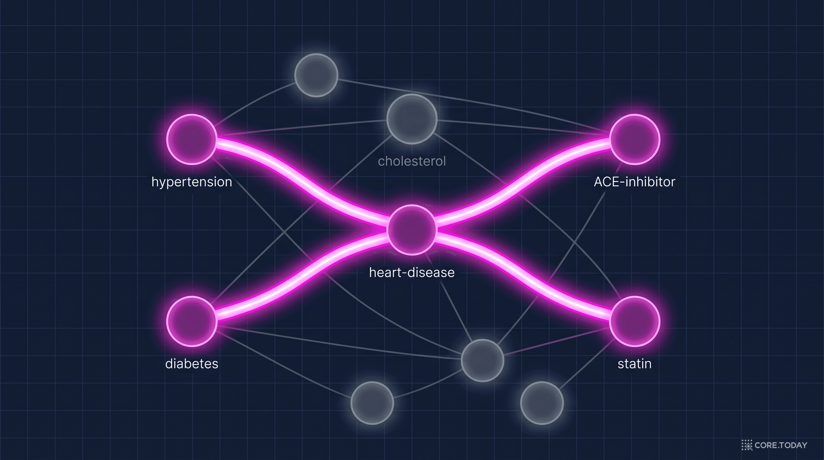 의학 지식 그래프에서의 경로 추출 — 고혈압/당뇨 → 심장질환 → ACE억제제/스타틴으로 이어지는 두 갈래의 추론 경로만 선명하게 강조되고, 콜레스테롤 등 질문과 무관한 주변 노드는 흐리게 처리된다