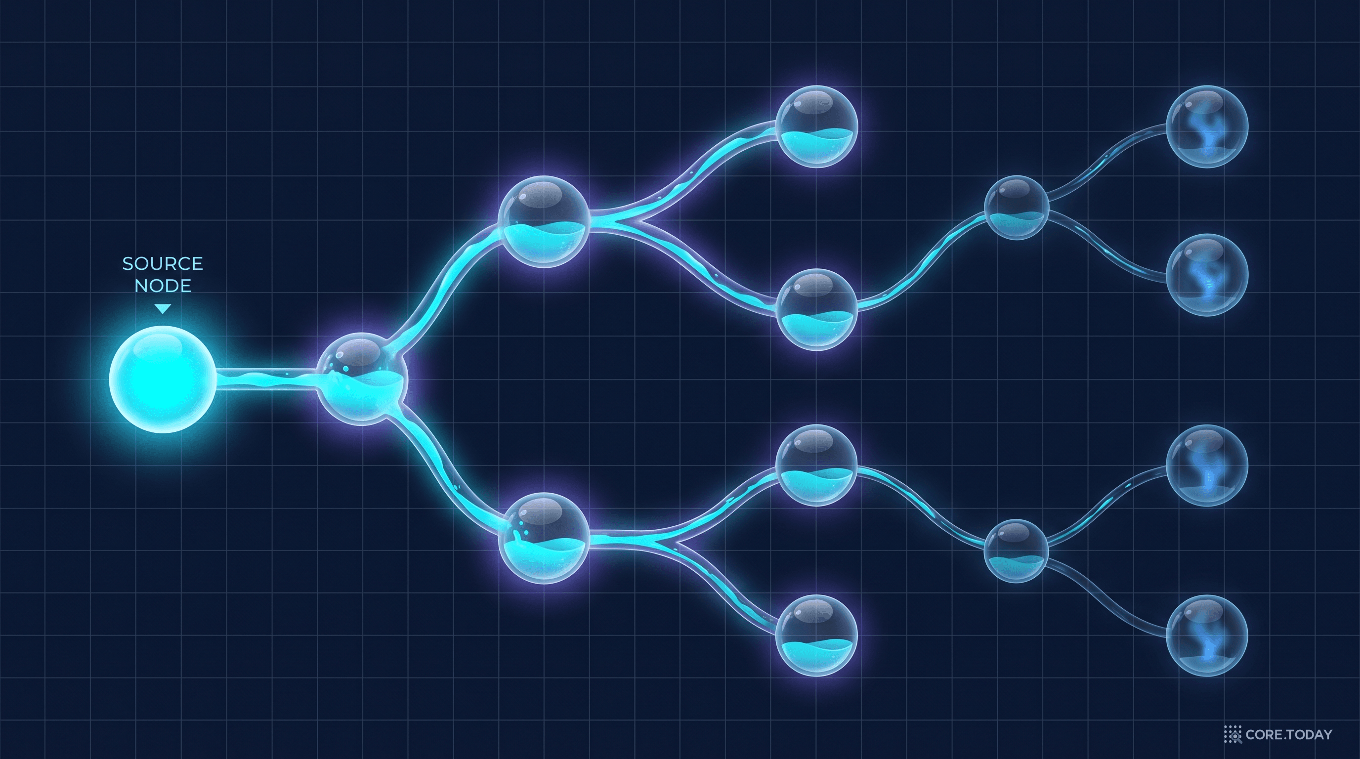흐름 기반 자원 전파 시각화 — 시작 노드(왼쪽 빛나는 구체)에 부은 1단위의 '물'이 그래프 엣지를 따라 흐르며 갈래길에서 균등하게 나뉘고, 멀어질수록 증발(α=0.8)하여 먼 노드는 거의 비어 있다