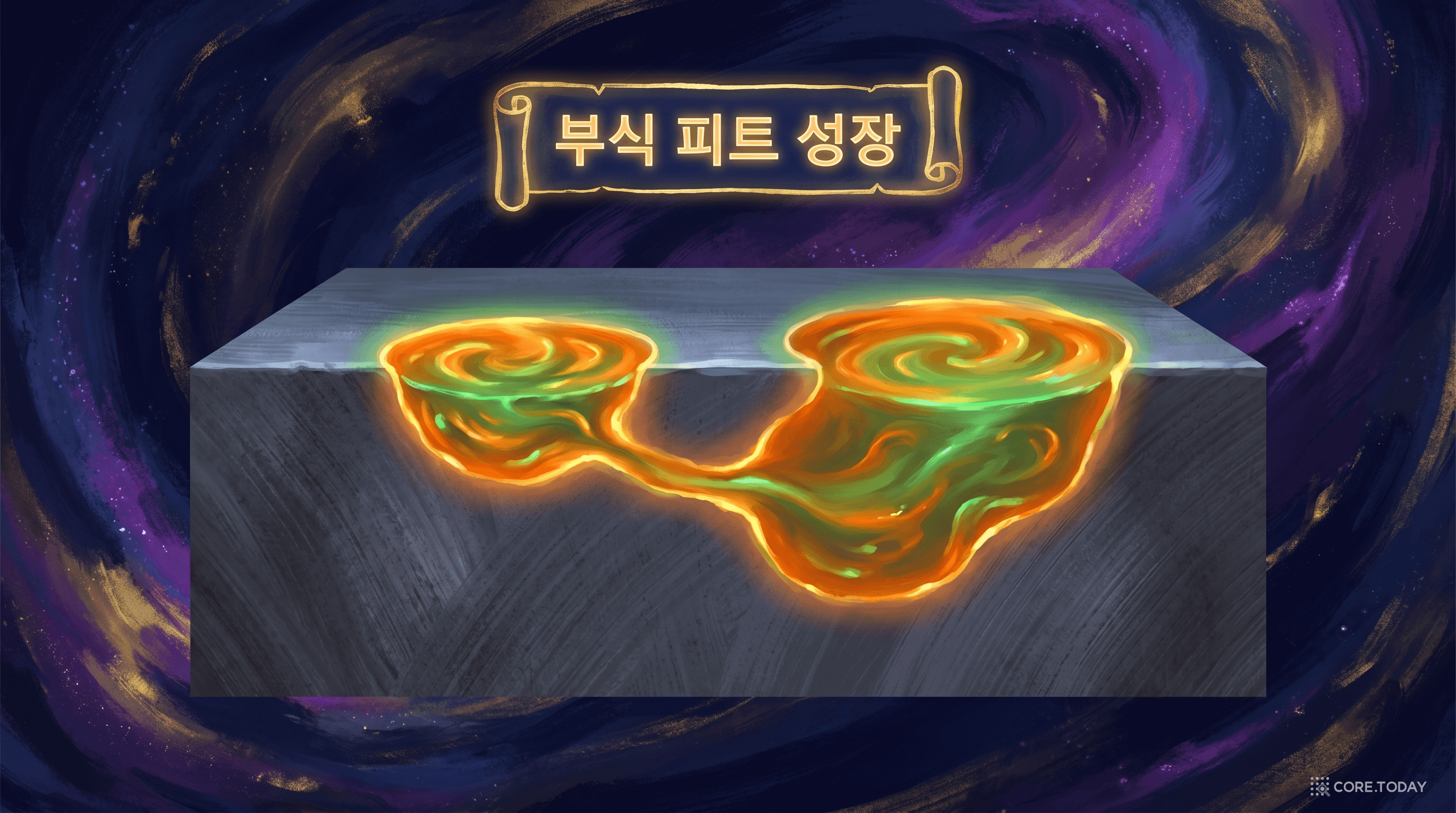 부식 피트의 합류 — 두 피트가 자라며 만나는 위상 변화의 순간