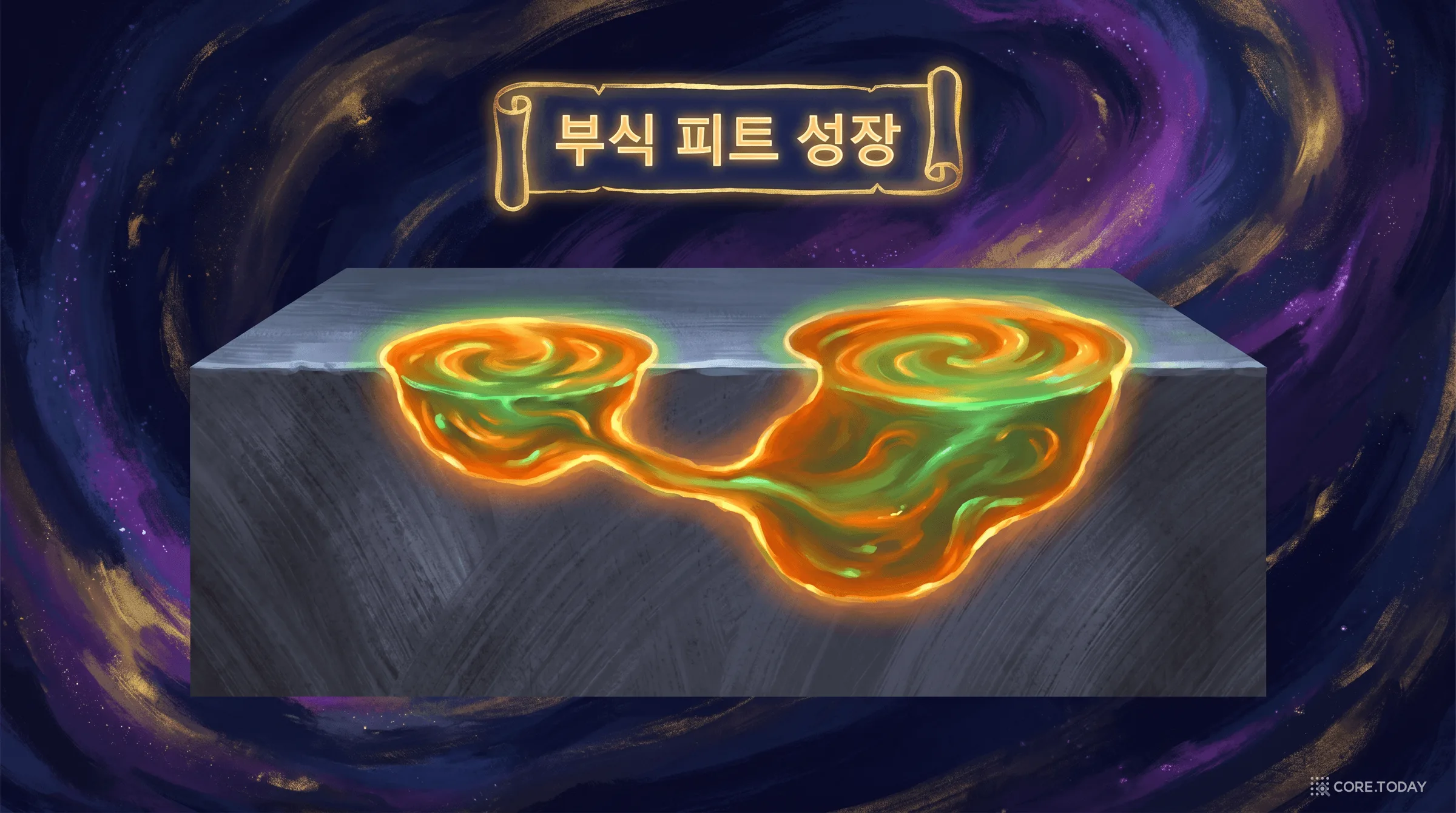부식 피트의 합류 — 두 피트가 자라며 만나는 위상 변화의 순간