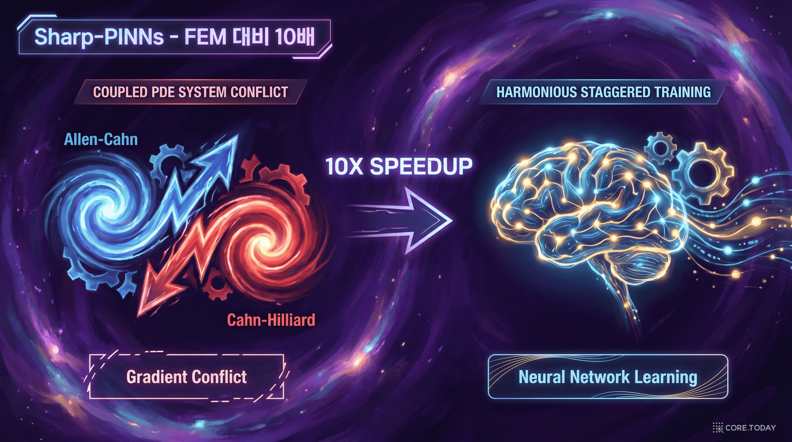 Sharp-PINNs — 교대 학습과 경성 제약으로 FEM 대비 10배 가속