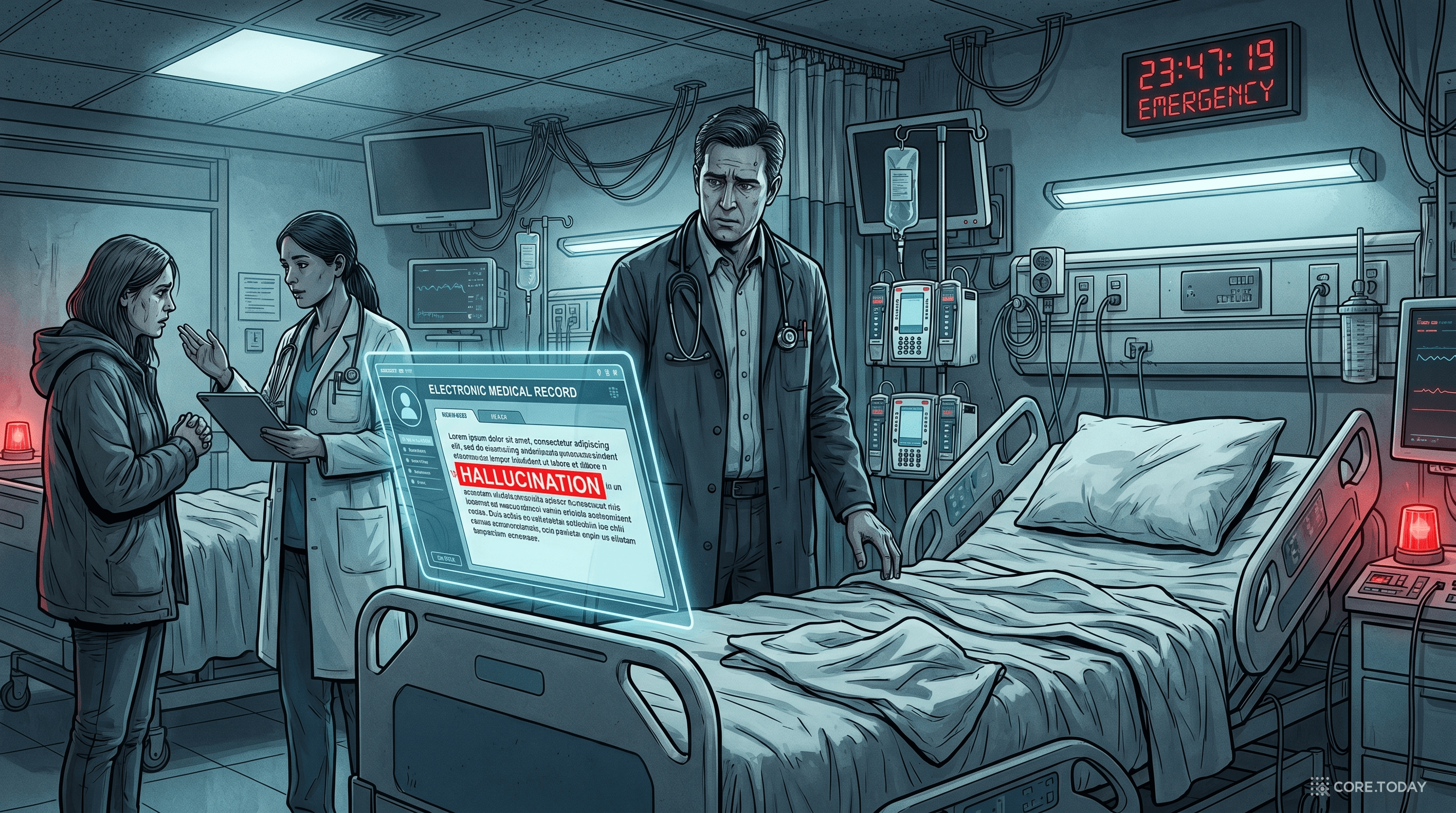 AI 환각 위해 일러스트 — 의사가 글로벌 EMR 화면의 HALLUCINATION 표시를 보며 빈 침대 옆에 서있는 장면