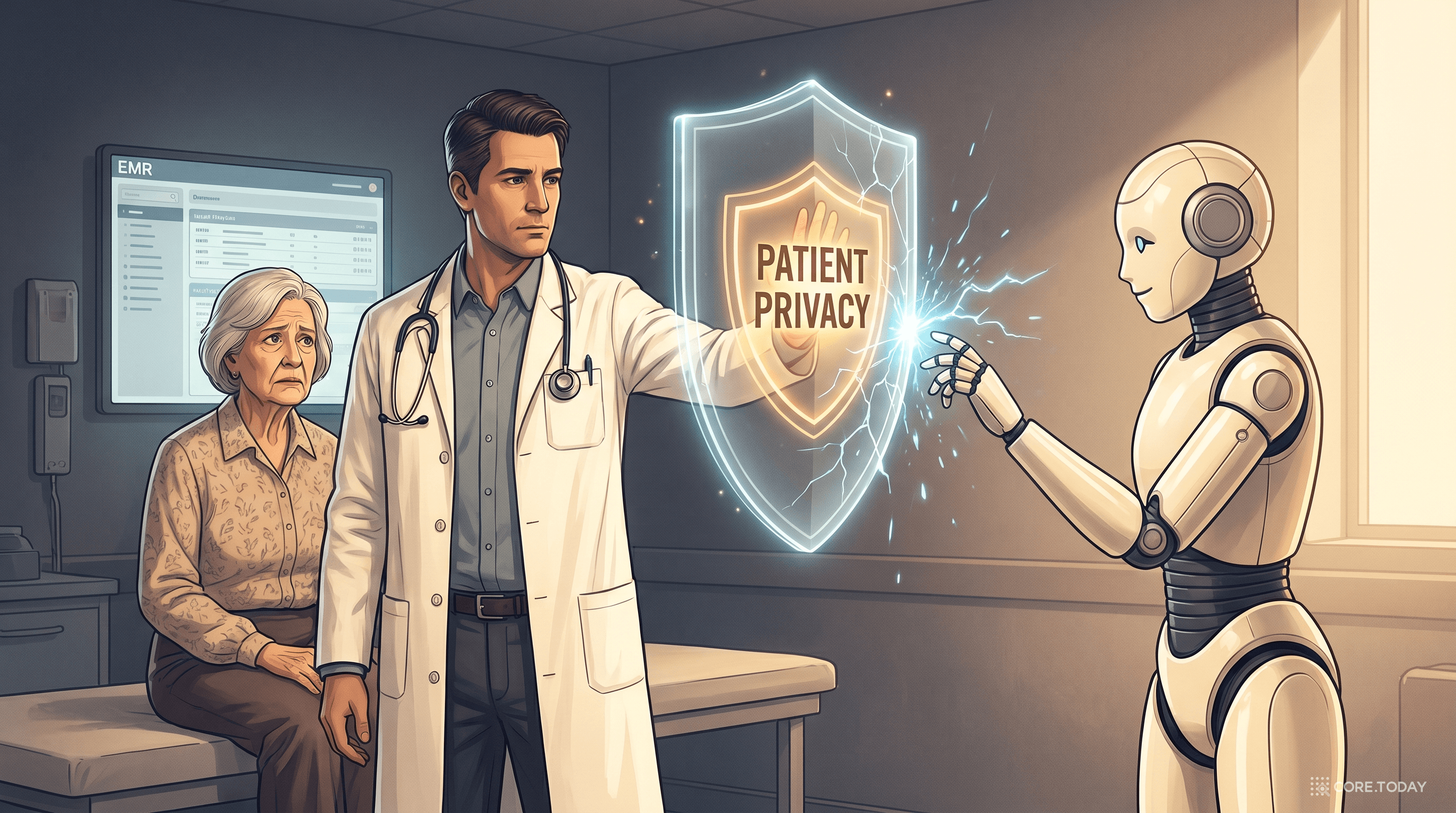 Patient Privacy Shield 메인 일러스트 — 의사가 환자 앞에서 빛나는 PATIENT PRIVACY 방패를 들고 있는데 AI 로봇이 다가가자 방패가 깜빡이며 작은 균열이 생기는 장면