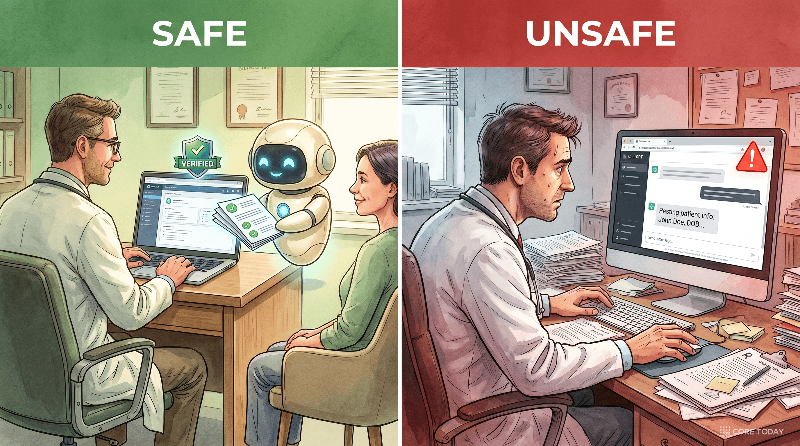 Safe vs Unsafe 일러스트 — 좌측은 HIPAA-ready AI를 안전하게 쓰는 의사, 우측은 공개 ChatGPT에 환자 정보를 입력하는 위험한 의사