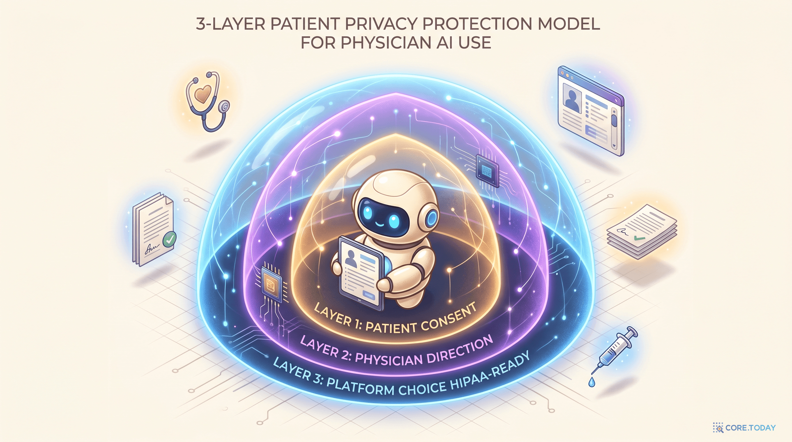 3-Layer 보호 모델 일러스트 — 중앙 AI 로봇을 둘러싼 3개의 동심원 방패: LAYER 1 PATIENT CONSENT, LAYER 2 PHYSICIAN DIRECTION, LAYER 3 PLATFORM CHOICE HIPAA-READY