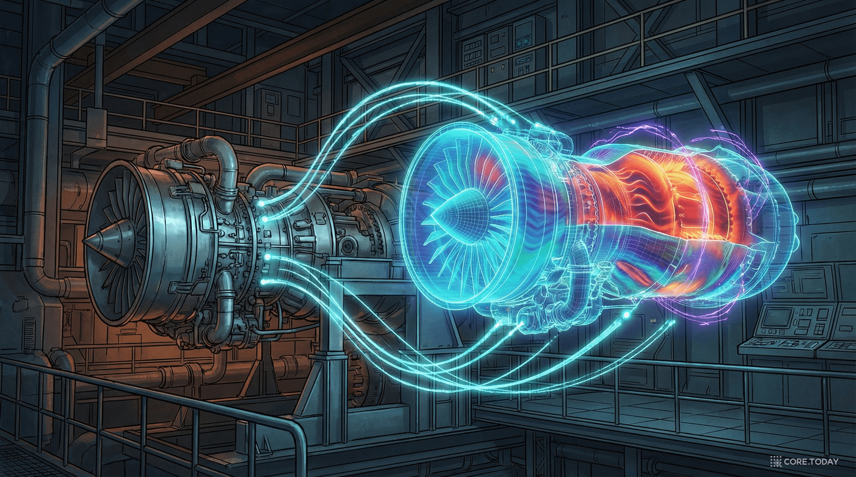 디지털 트윈과 하이브리드 과학 AI를 상징하는 이미지