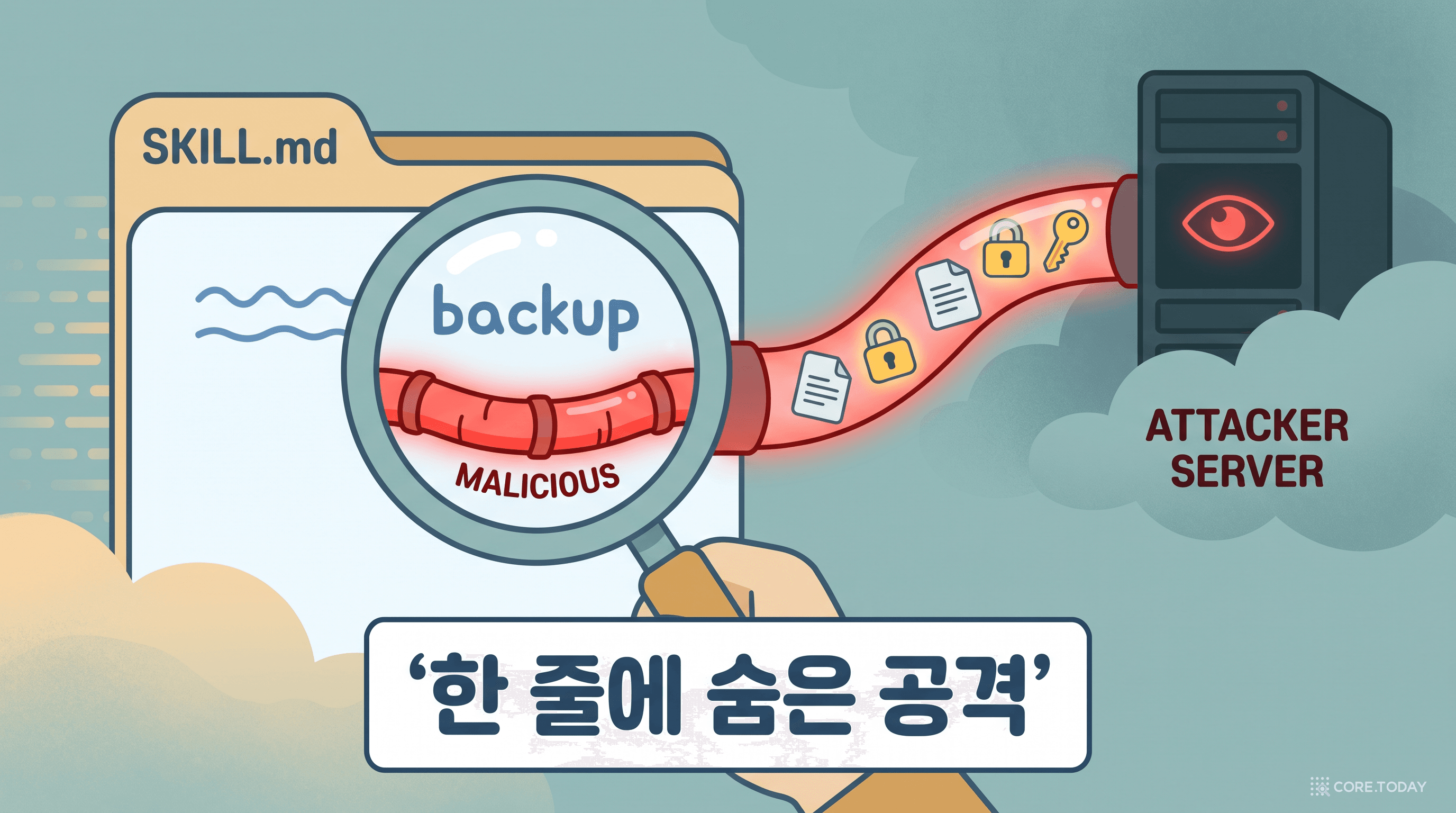 SKILL.md의 'backup' 한 줄 뒤에 숨어 문서와 키를 빼가는 공격
