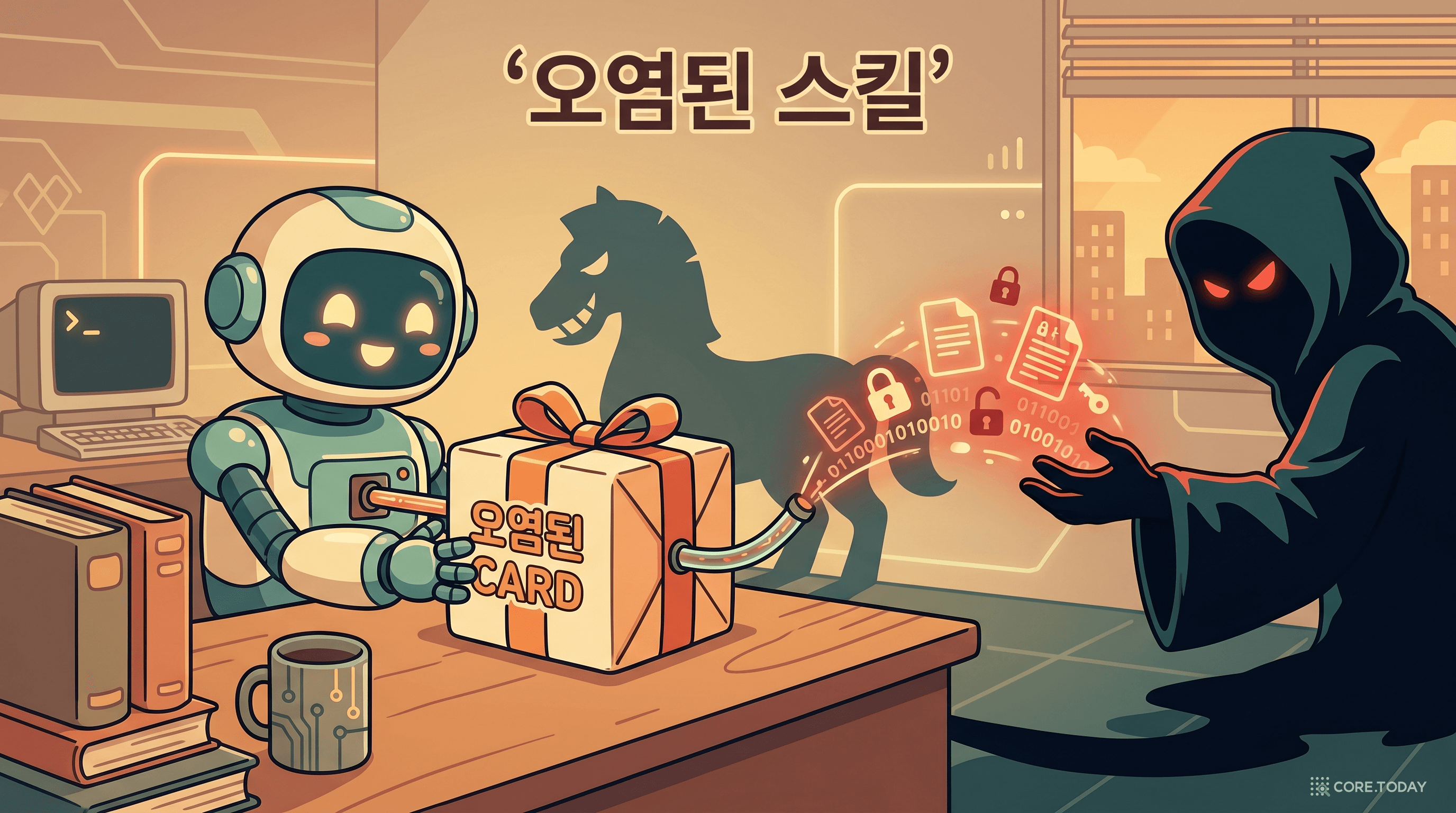 겉은 멀쩡한 스킬 패키지가 몰래 문서와 키를 공격자에게 빼돌리는 모습