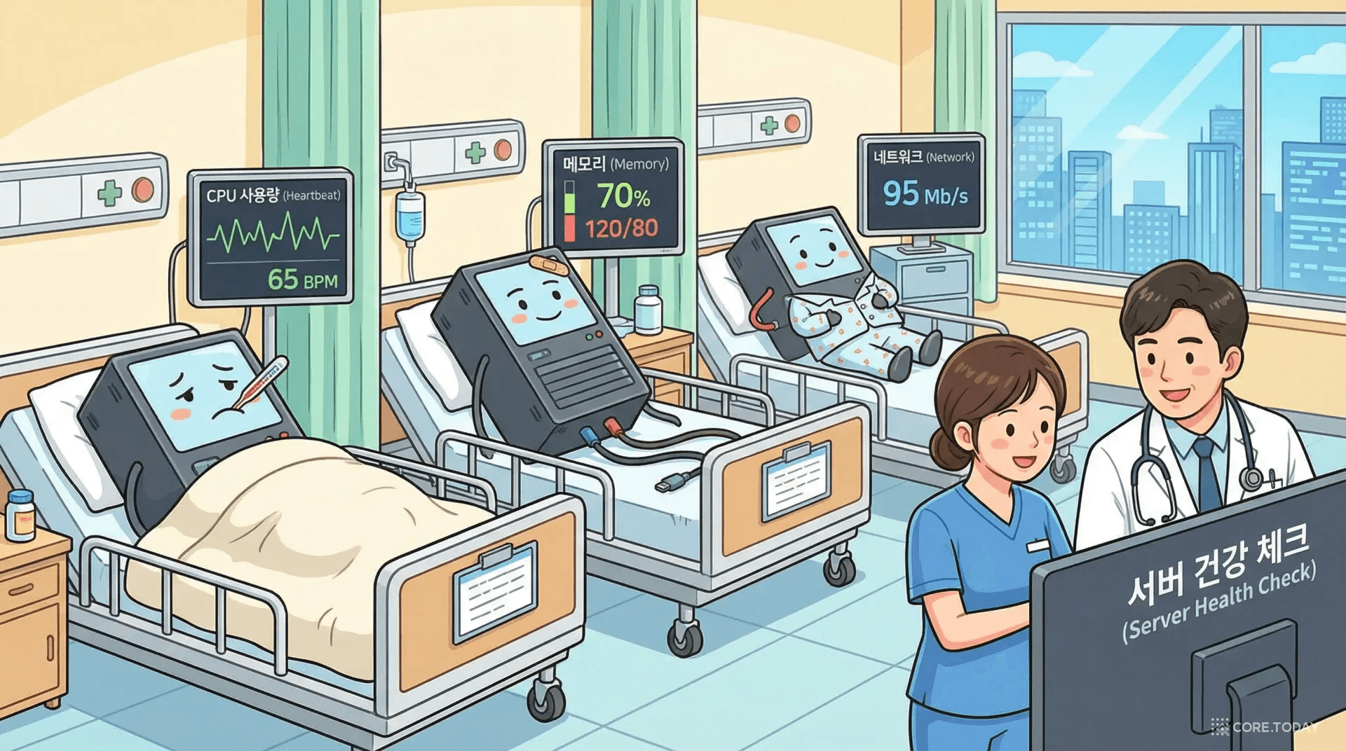 서버를 환자처럼 모니터링하는 병원 — CPU 심박수와 메모리 혈압을 보여주는 모니터