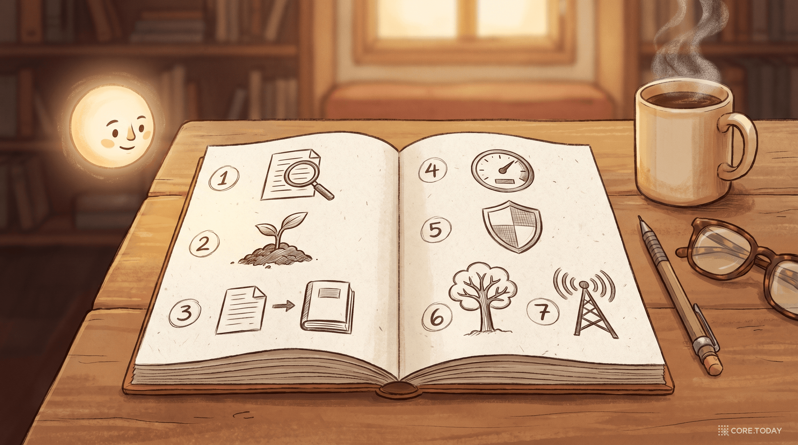 7단계 체크리스트가 스케치로 그려진 공책을 펼쳐둔 따뜻한 책상 장면