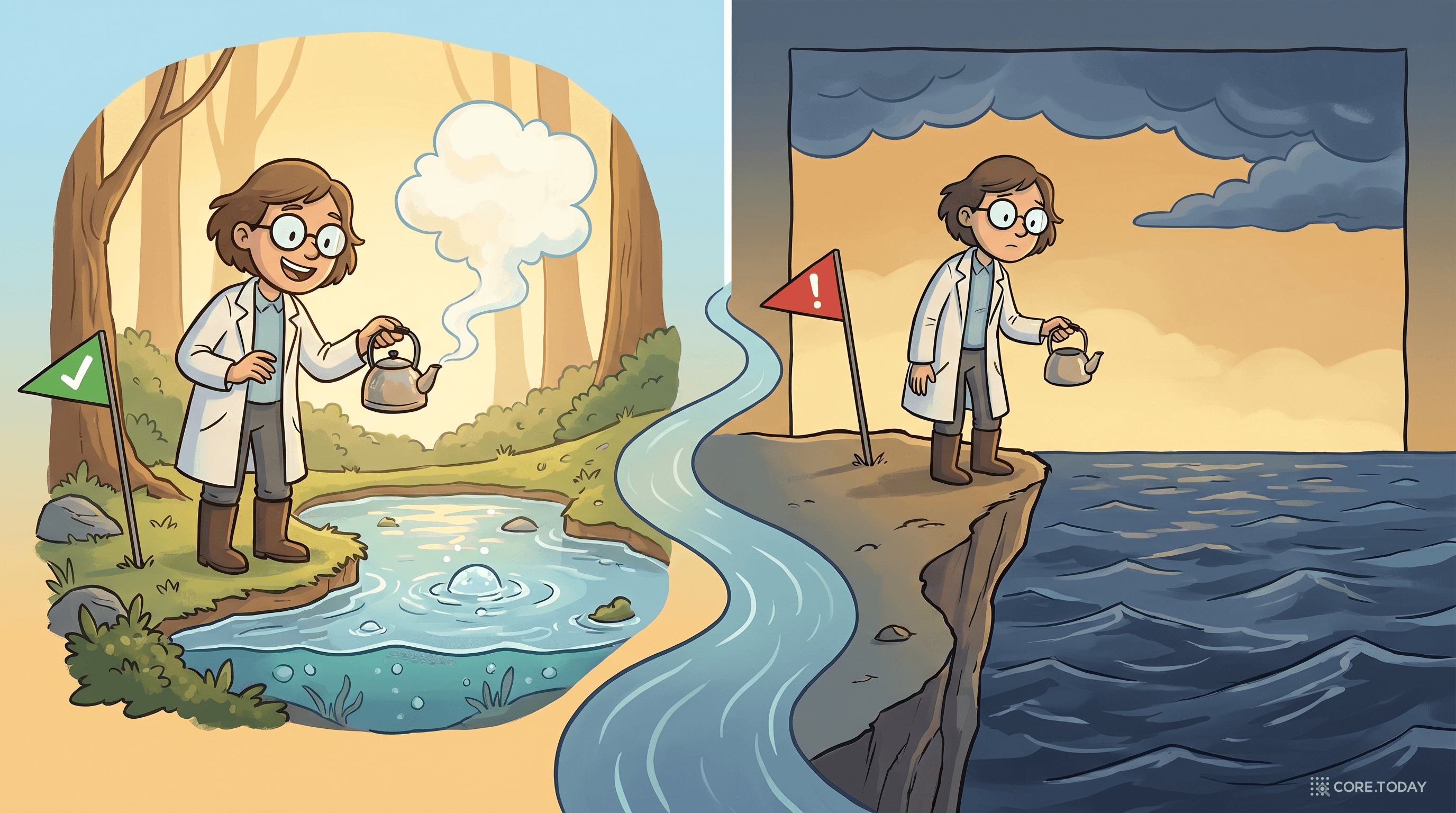 친절한 과학자가 작은 호수를 끓이는 성공 장면과 바다 앞에서 작은 주전자로 당황한 실패 장면의 대조