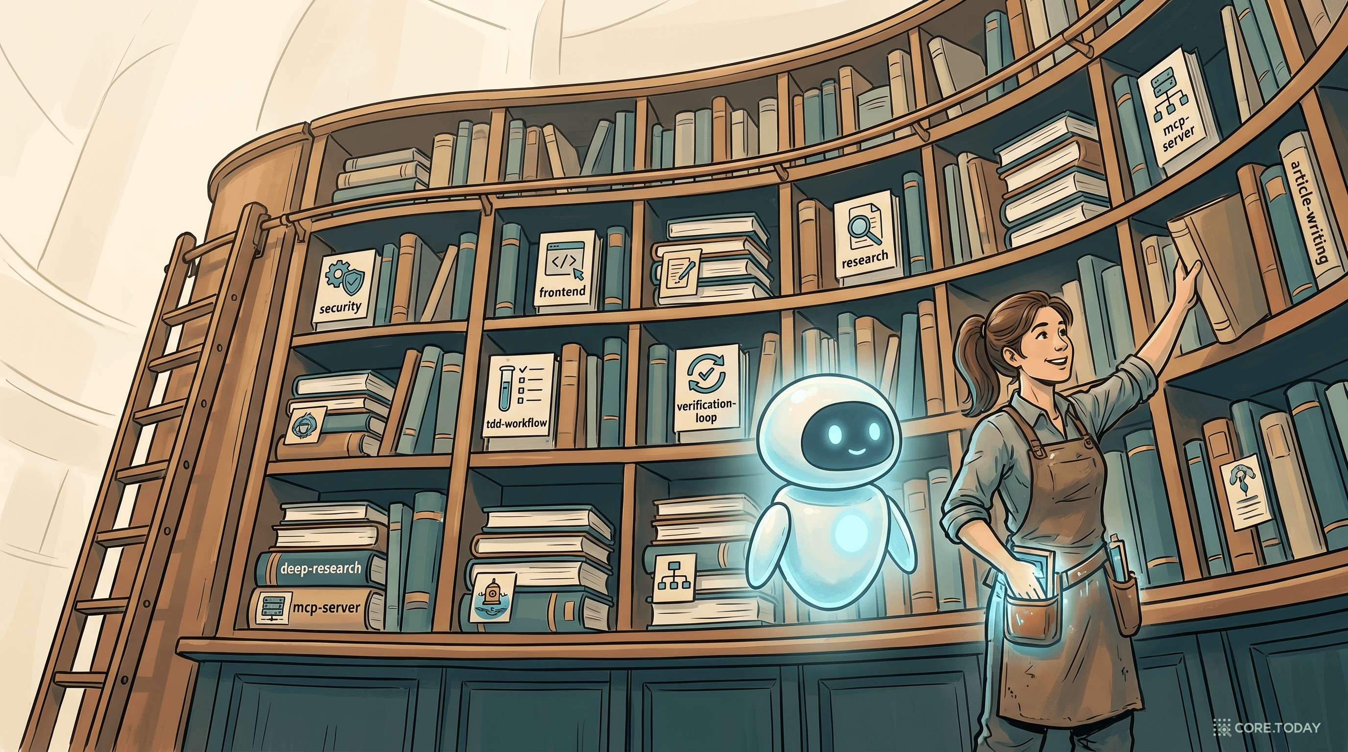 곡선형 도서관 서가에 프론트엔드·보안·아티클쓰기 같은 스킬 책들이 정렬되고, 사람이 툴벨트에 스킬을 로드하는 장면