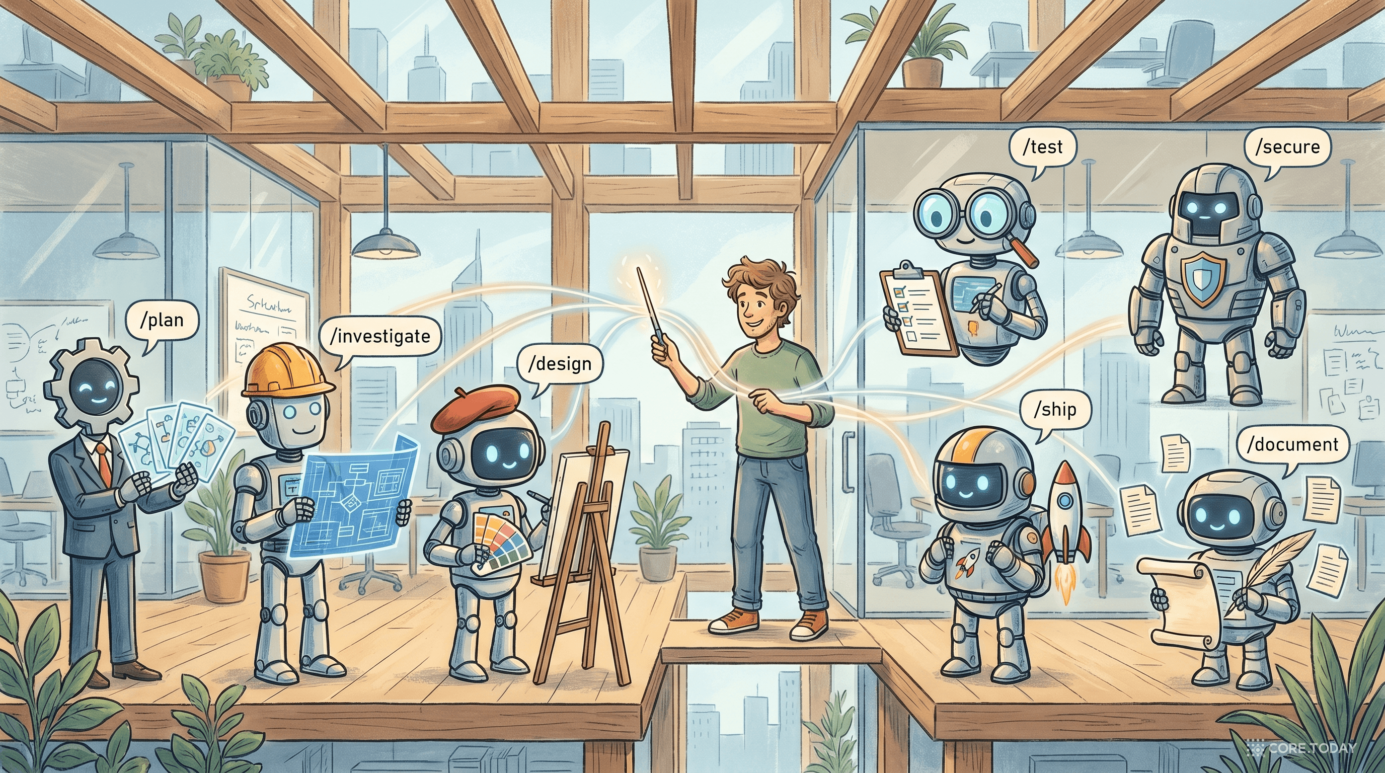 CEO·엔지니어·디자이너·QA·보안·배포 담당 로봇들이 슬래시 커맨드 말풍선과 함께 인간 조율자 주변에 배치된 장면