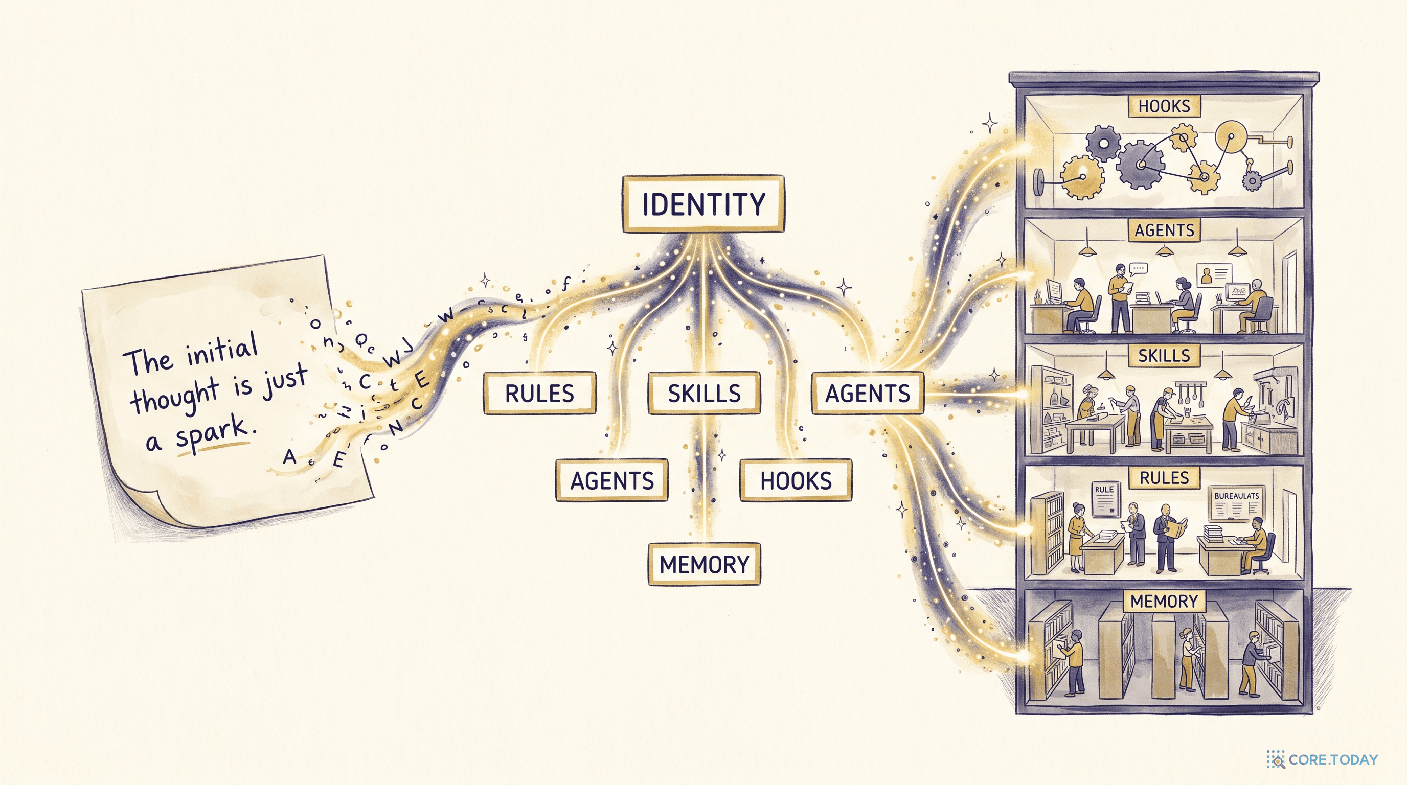 스티키 노트가 트리 구조의 조직도를 거쳐 여러 층으로 나뉜 건물 단면으로 변신하는 일러스트