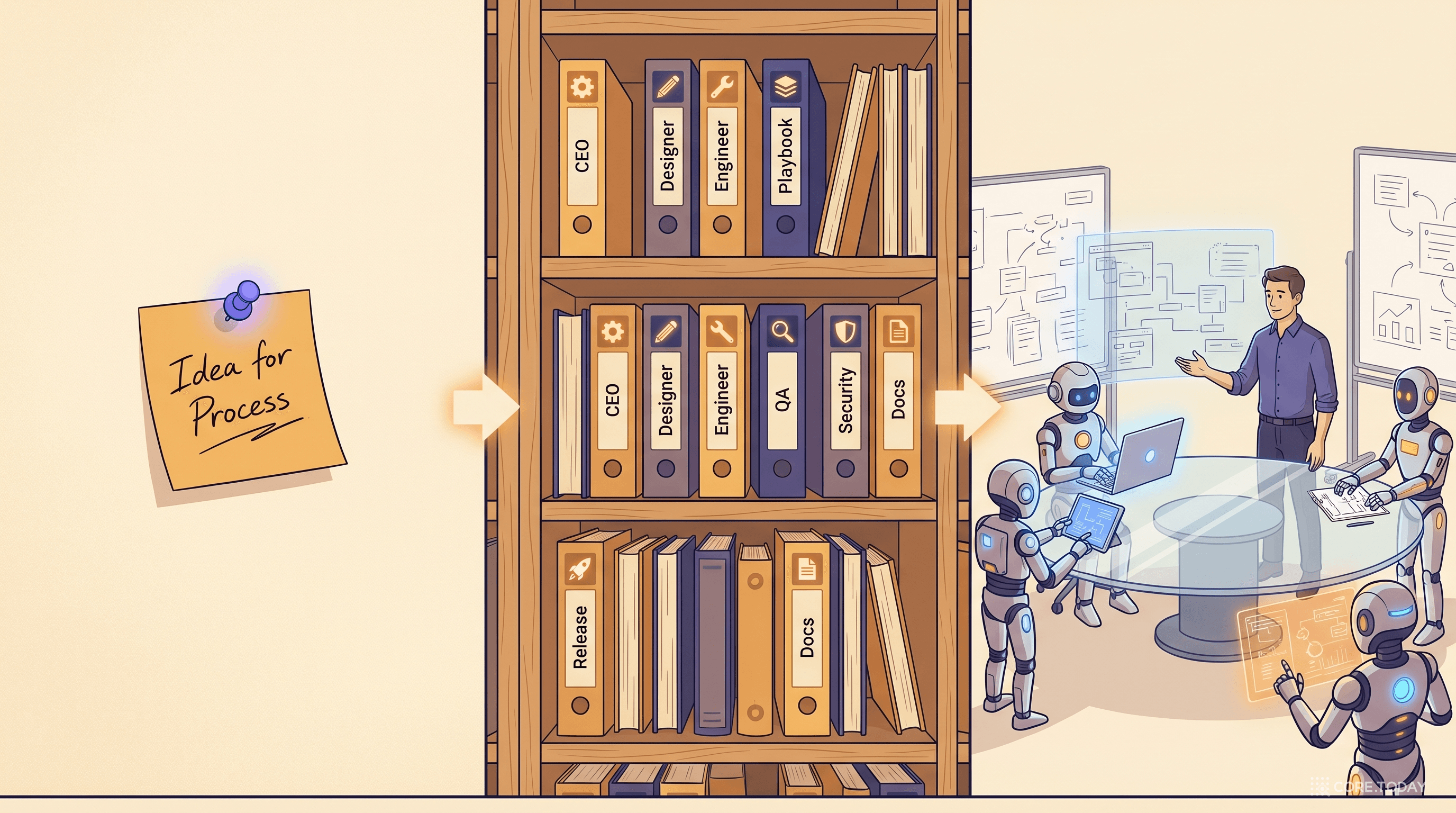 단일 스티키 노트에서 역할별 플레이북 책장으로, 다시 로봇 가상 팀 룸으로 확장되는 3단 일러스트