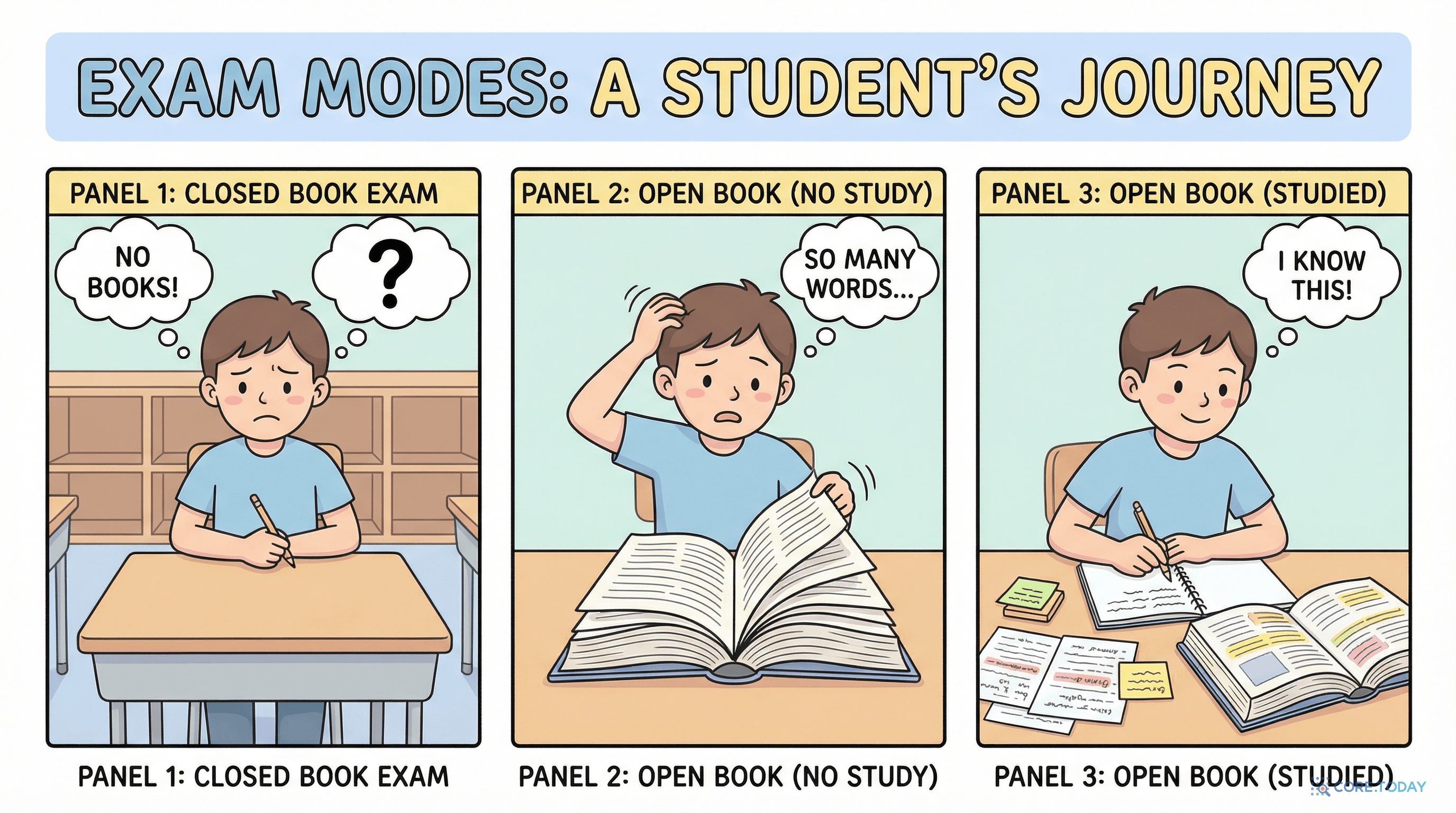 오픈북 시험의 세 가지 시나리오 — 닫힌 책, 공부 안 한 열린 책, 공부한 열린 책