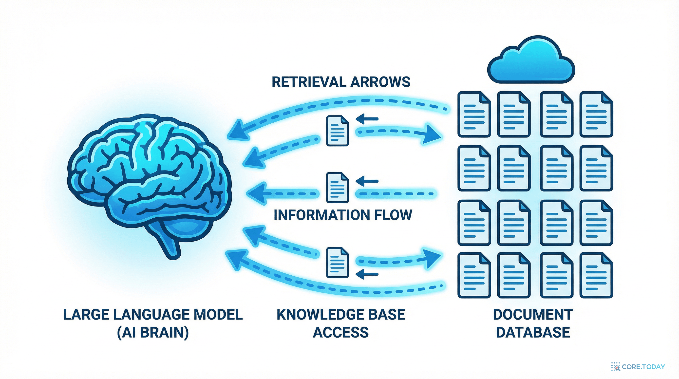 RAG의 기본 구조 — LLM이 문서 데이터베이스에서 정보를 검색하여 답변을 생성한다
