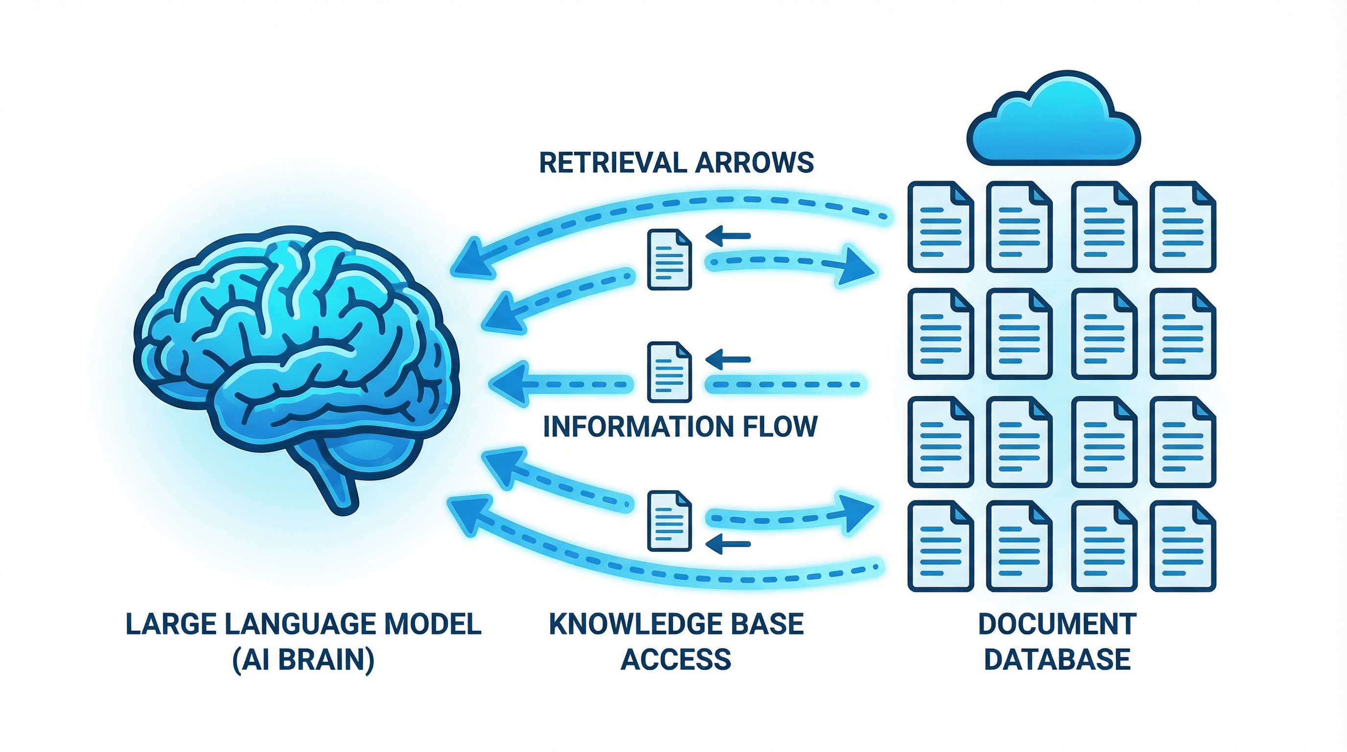 RAG의 기본 구조 — LLM이 문서 데이터베이스에서 정보를 검색하여 답변을 생성한다