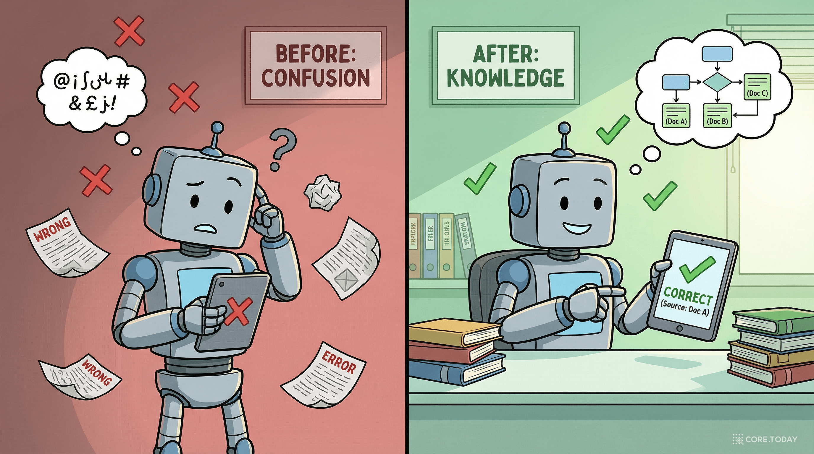 RAG 적용 전후 — 혼란스럽게 틀리는 로봇(왼쪽)과 참고자료를 바탕으로 정확하게 답하는 로봇(오른쪽)