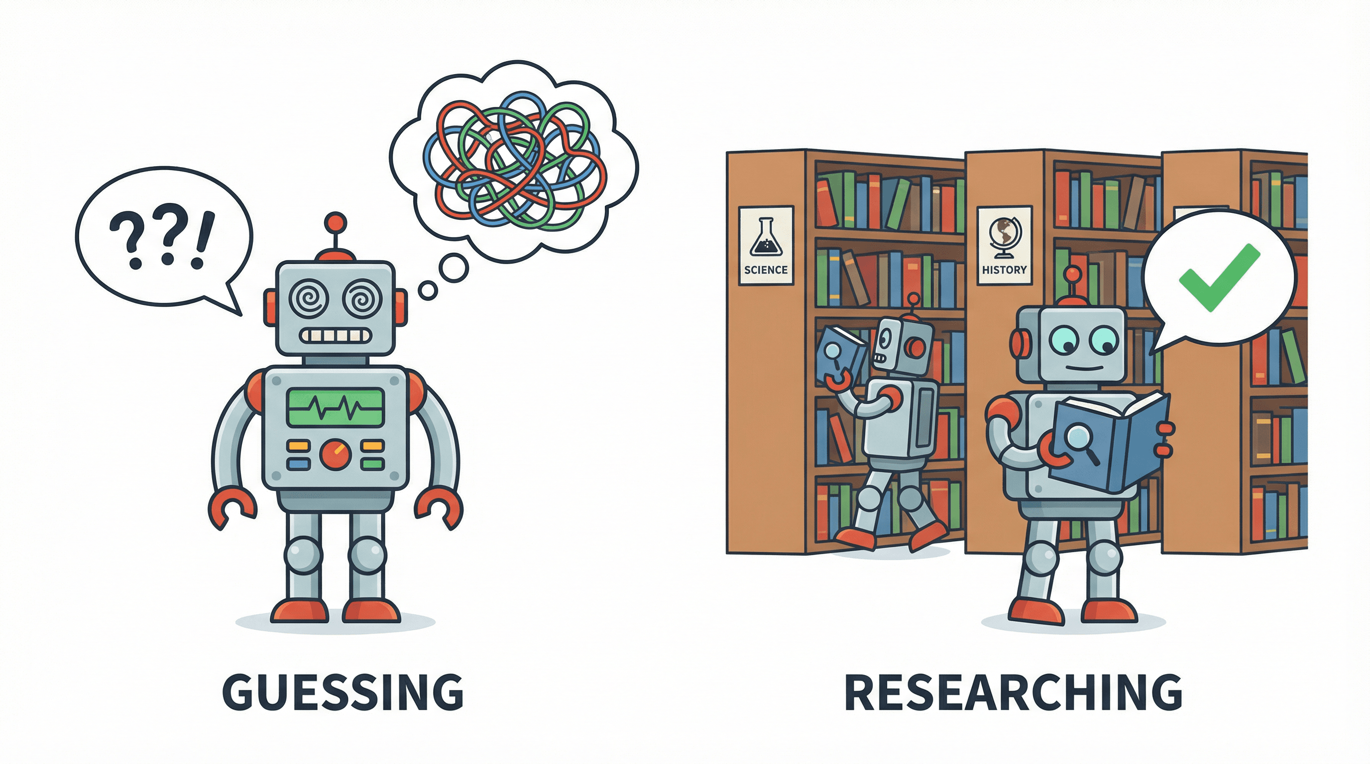 RAG의 핵심 개념 — 기억에 의존해 추측하는 것(왼쪽)과 먼저 자료를 찾아본 뒤 답하는 것(오른쪽)