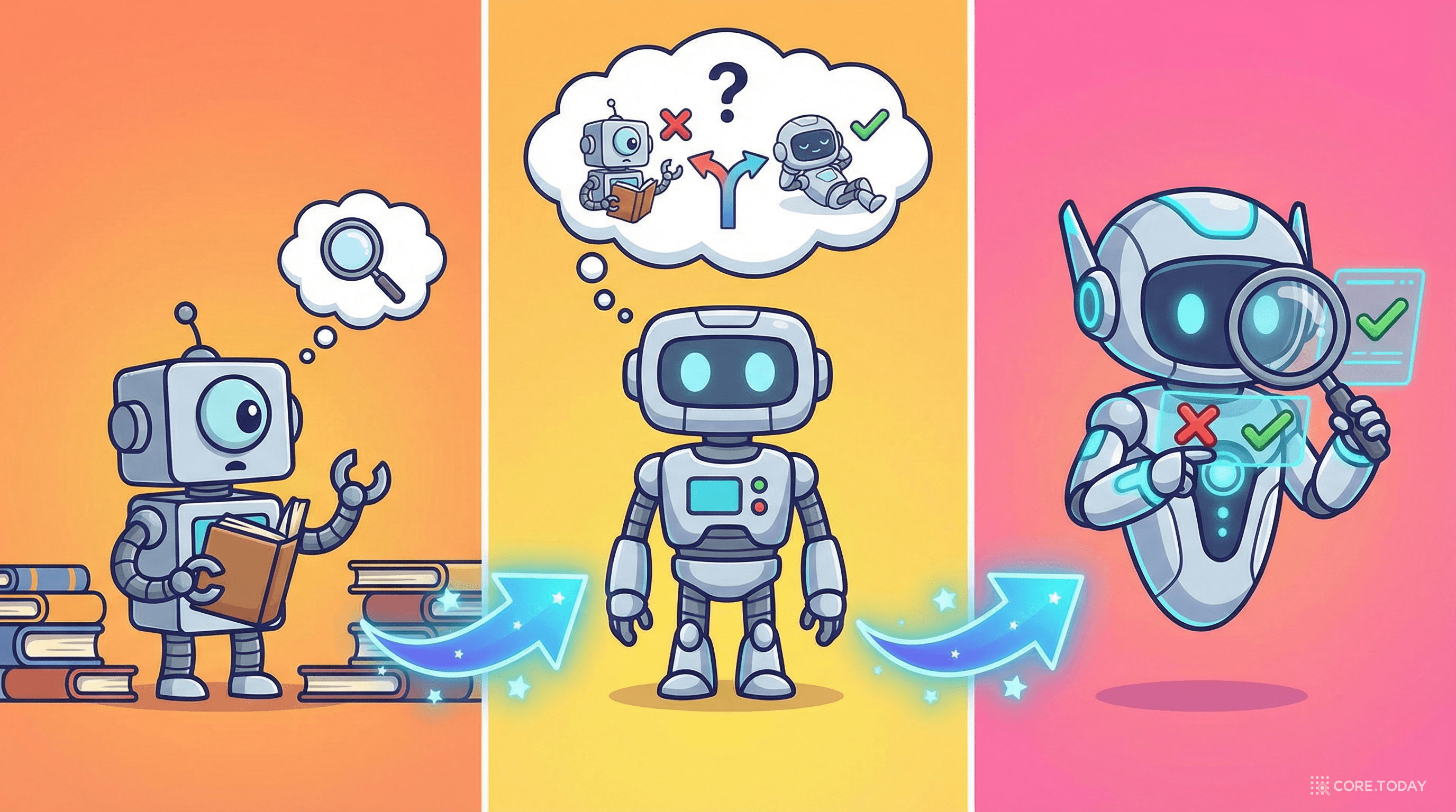 RAG의 진화 — 기본 검색(왼쪽)에서 스스로 판단하고(가운데) 자기 교정하는(오른쪽) 시스템으로