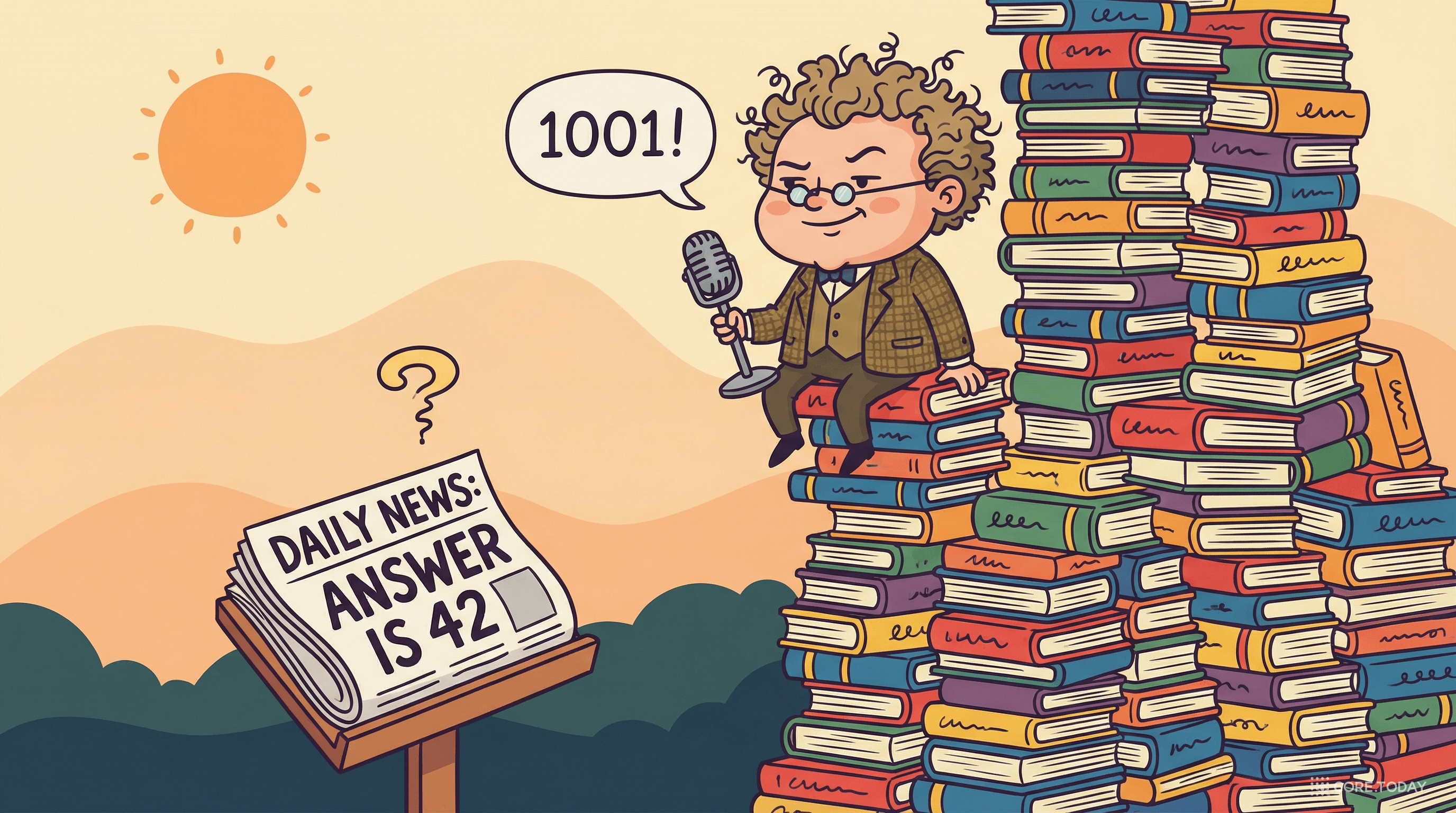 1000권을 외운 천재 — 책 위에 앉아 자신만만하게 답하지만, 오늘의 신문과는 다른 답을 말하고 있다