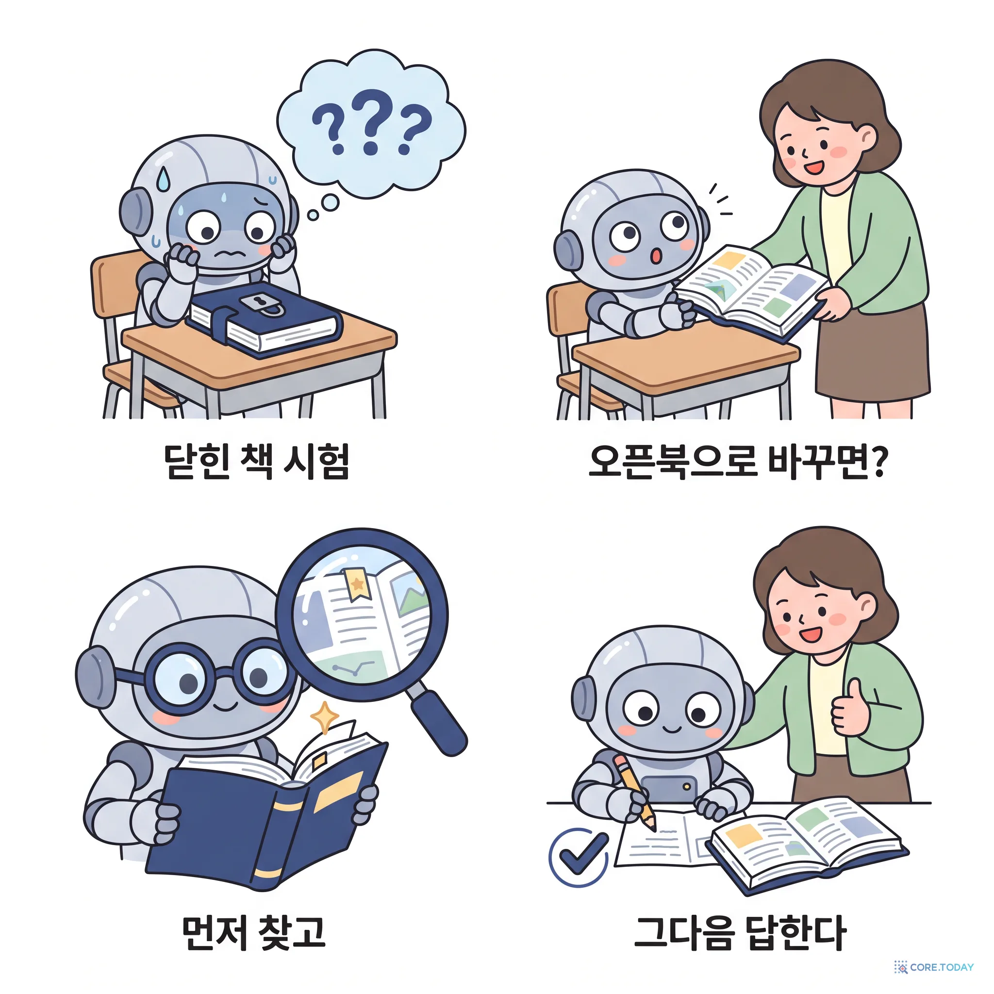 닫힌 책 시험에서 오픈북 시험으로 — RAG 4컷 웹툰