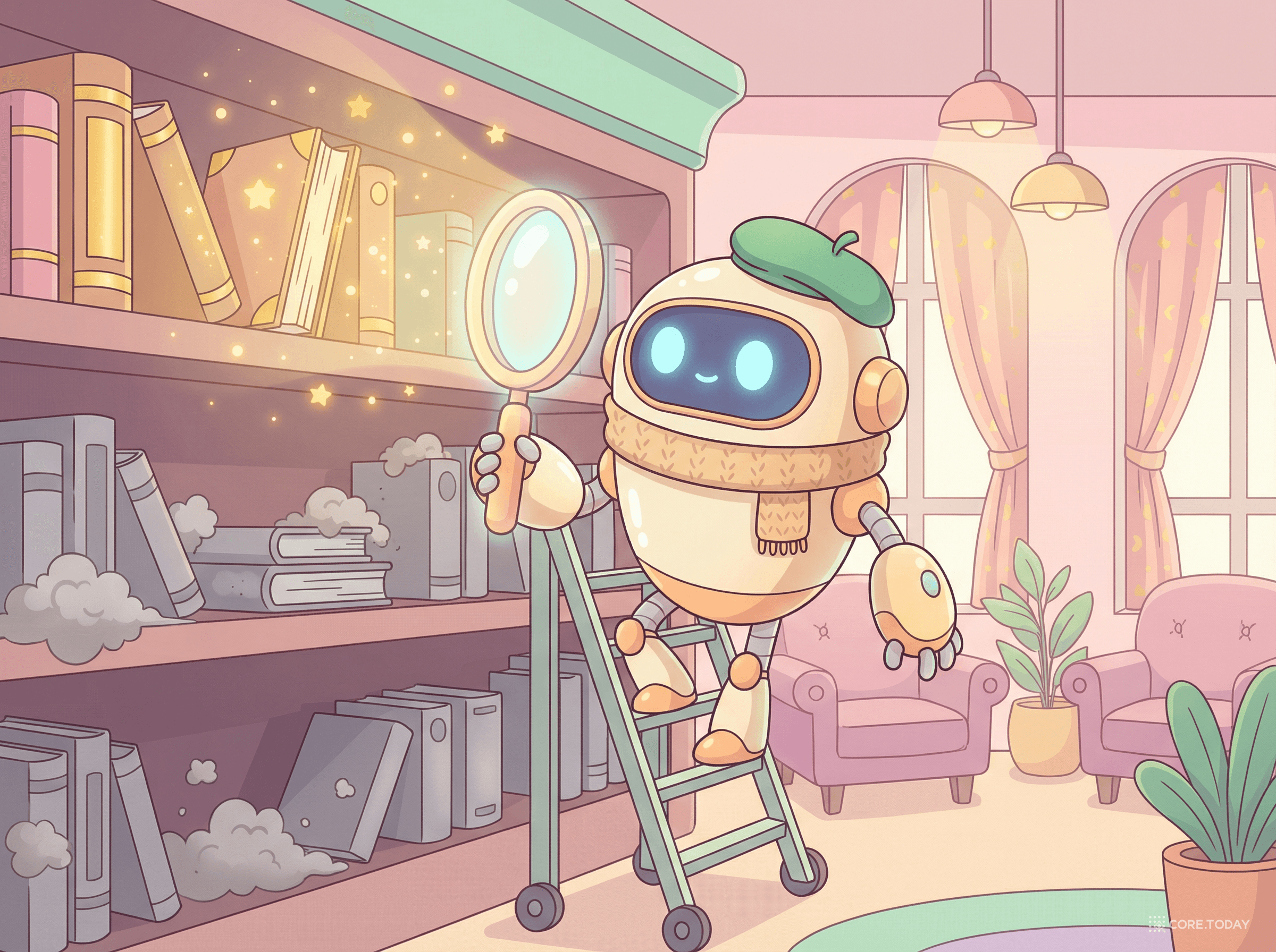 AI가 참고자료를 보면서도 엉뚱한 답을 하는 모습을 묘사한 일러스트레이션