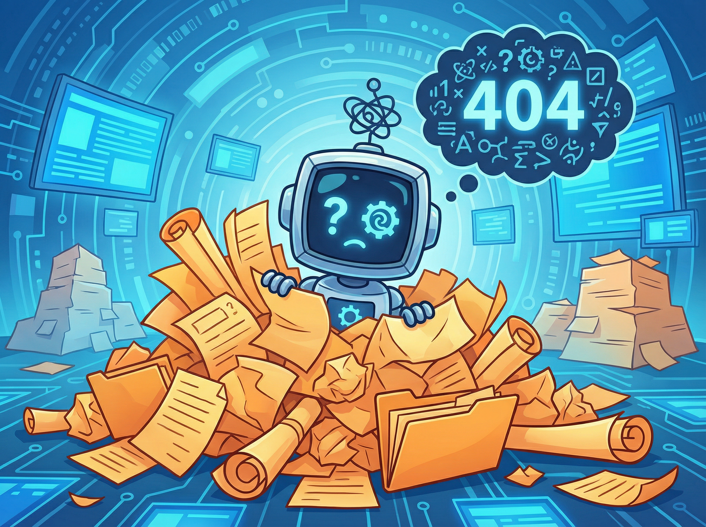 정보의 바다에 빠져 혼란스러워하는 AI 로봇