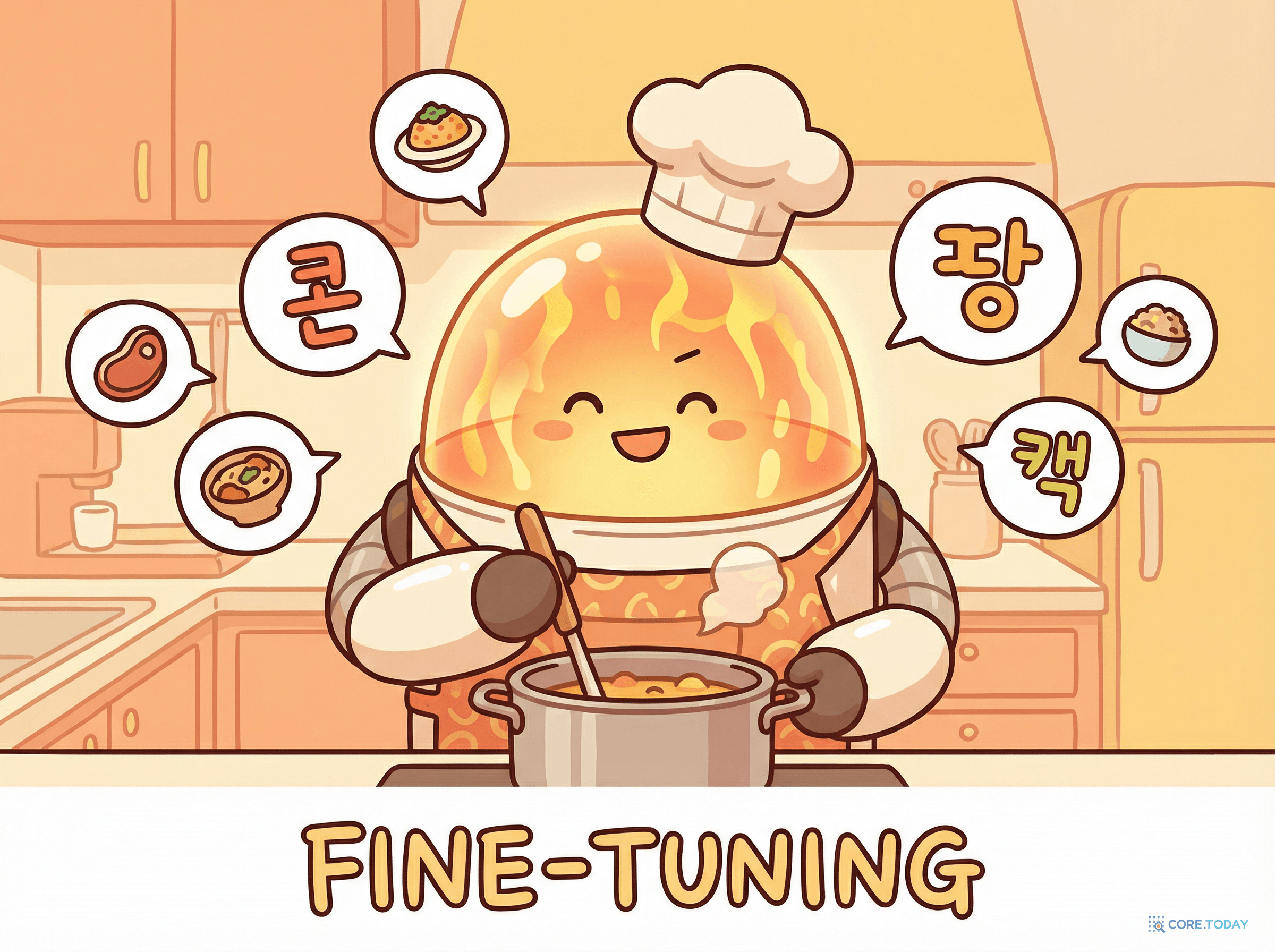 Fine-tuning 개념 일러스트 — 레시피를 외운 로봇 요리사