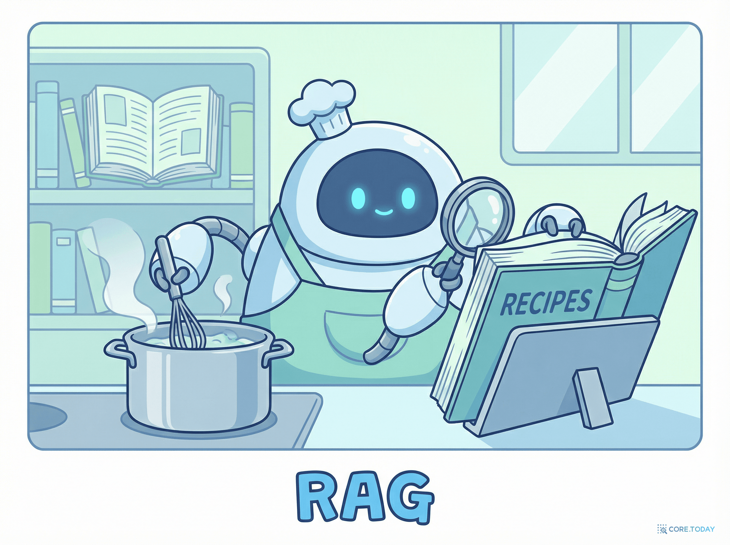 RAG 개념 일러스트 — 요리책을 참고하는 로봇 요리사