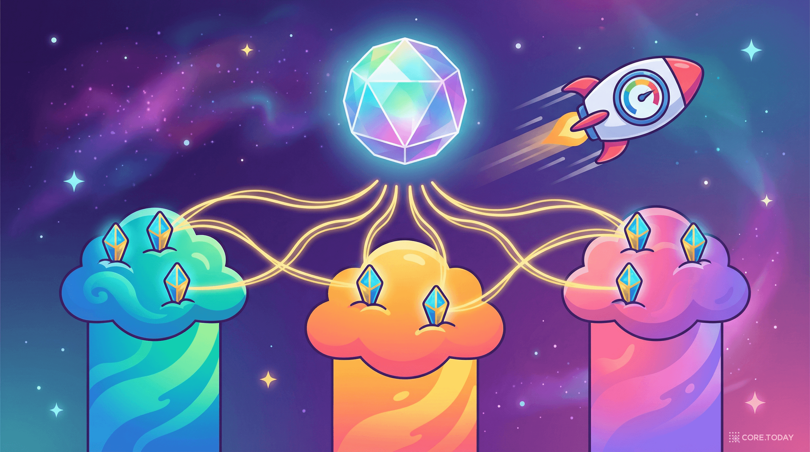 세 개의 가용 영역 기둥 위에 떠 있는 Aurora 크리스탈 오브와 6개의 데이터 복제본, 로켓이 5배 성능을 상징하는 모습