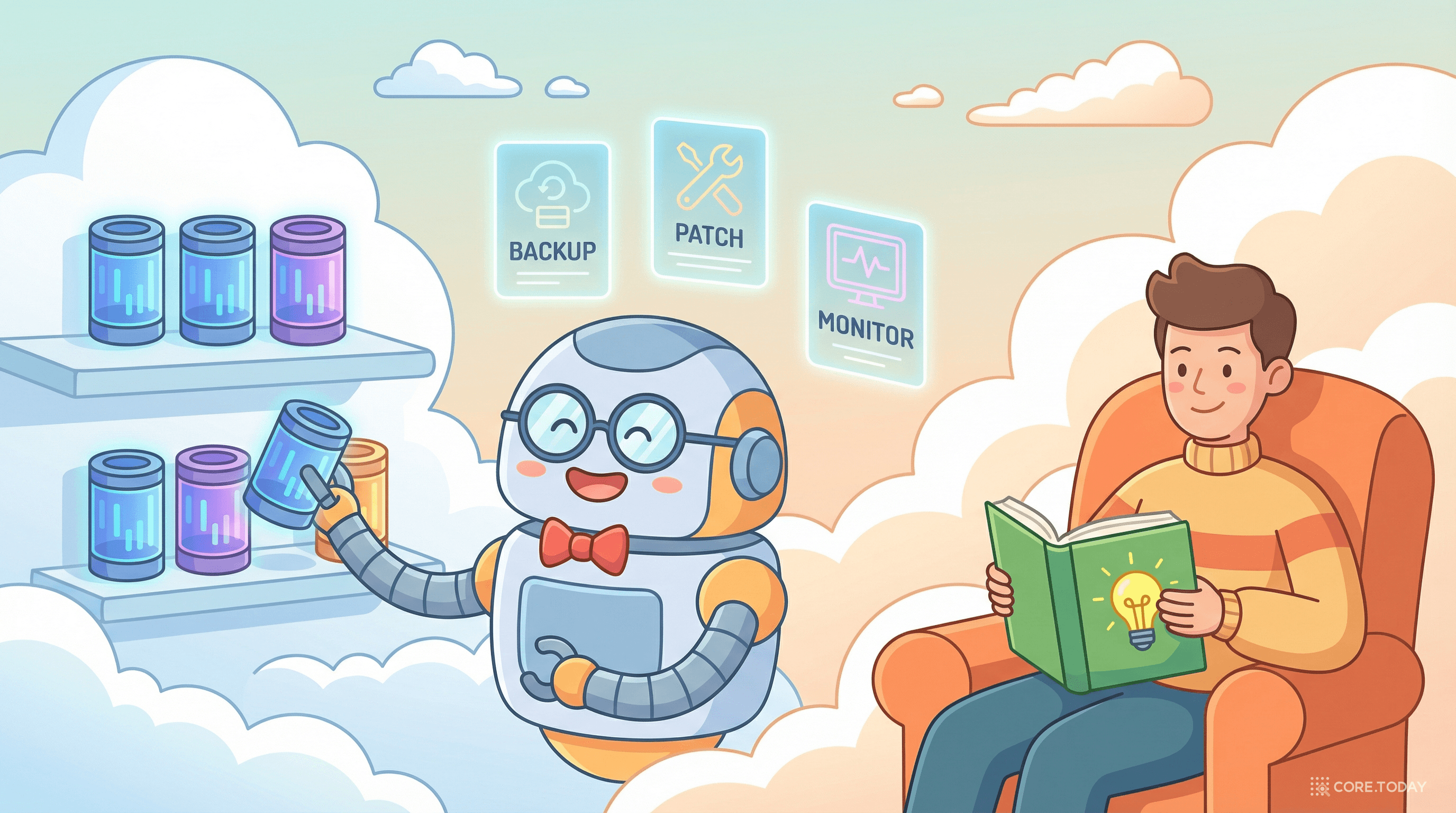 로봇 사서가 데이터베이스를 관리하고, 개발자는 편안하게 아이디어에 집중하는 모습 — RDS 관리형 서비스의 핵심 개념