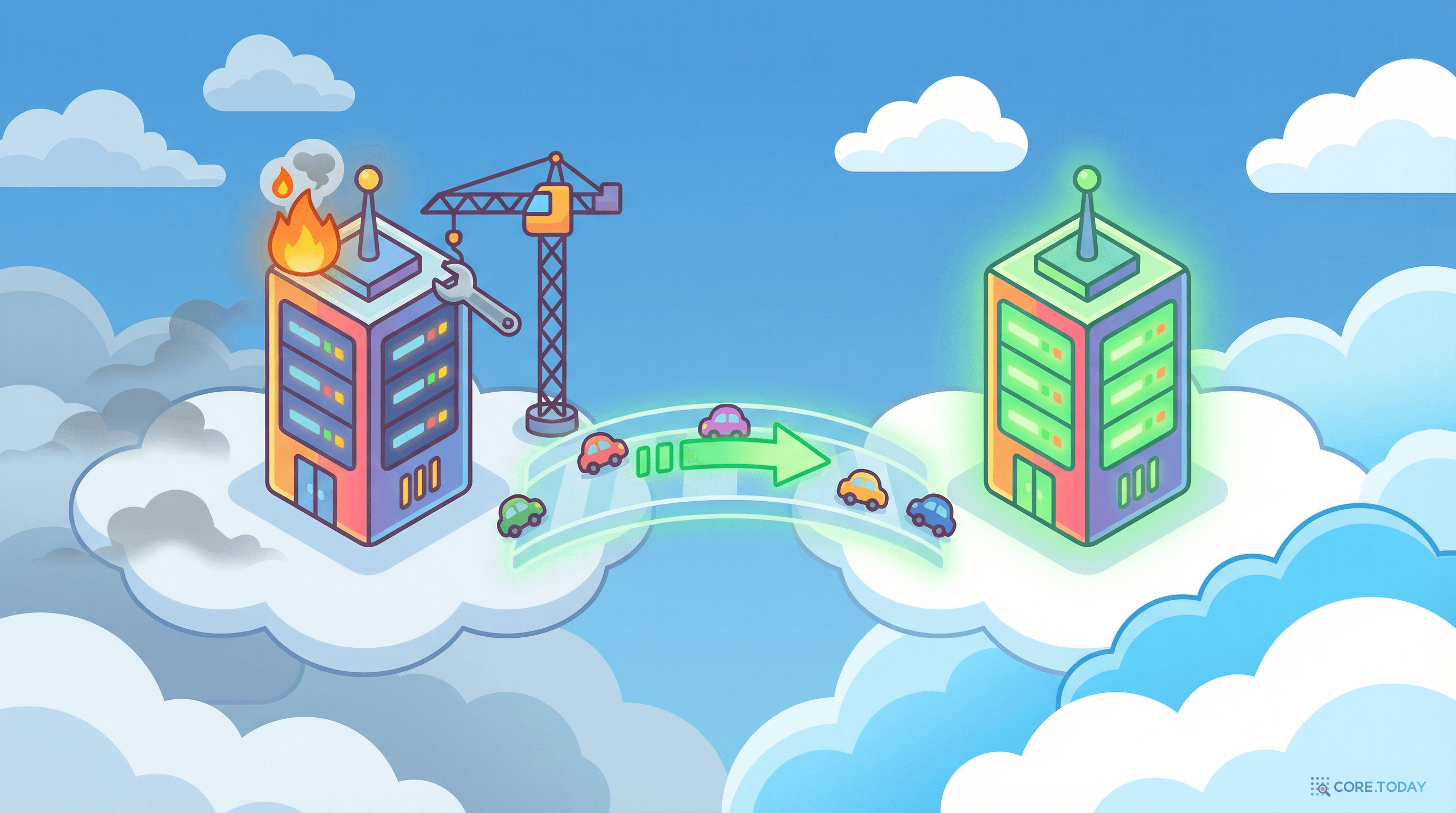 장애가 발생한 서버 건물에서 정상 서버 건물로 트래픽이 자동 전환되는 Multi-AZ 페일오버 개념도