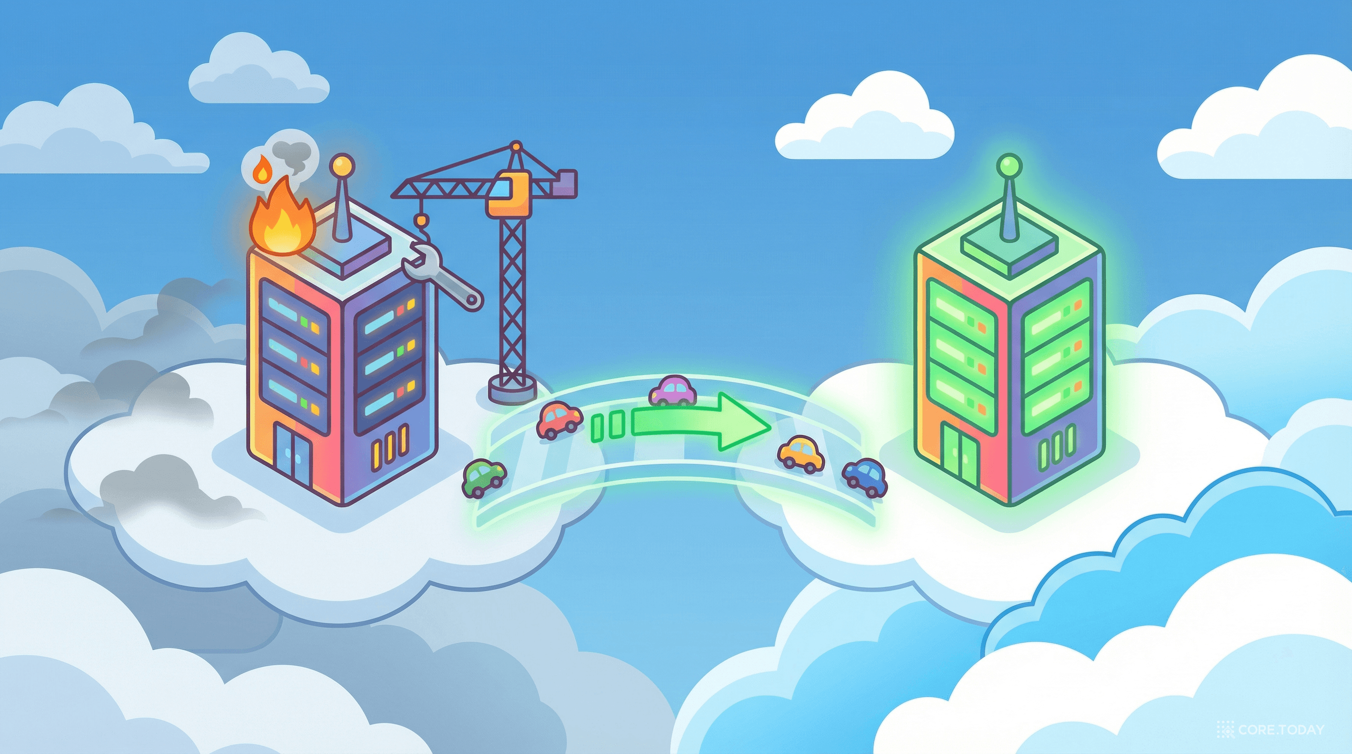 장애가 발생한 서버 건물에서 정상 서버 건물로 트래픽이 자동 전환되는 Multi-AZ 페일오버 개념도