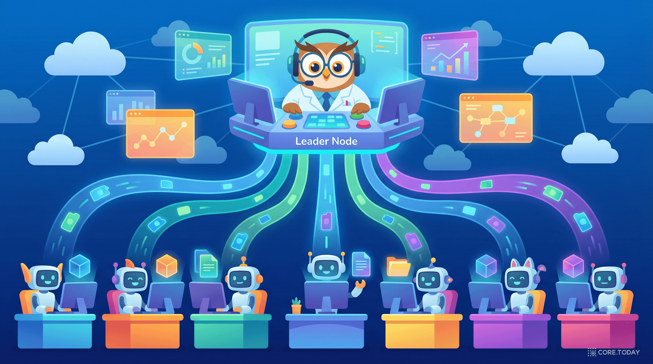 Redshift 클러스터 아키텍처를 표현한 일러스트 — 중앙의 리더 노드가 작업을 분배하고 여러 컴퓨트 노드가 병렬로 데이터를 처리하는 모습