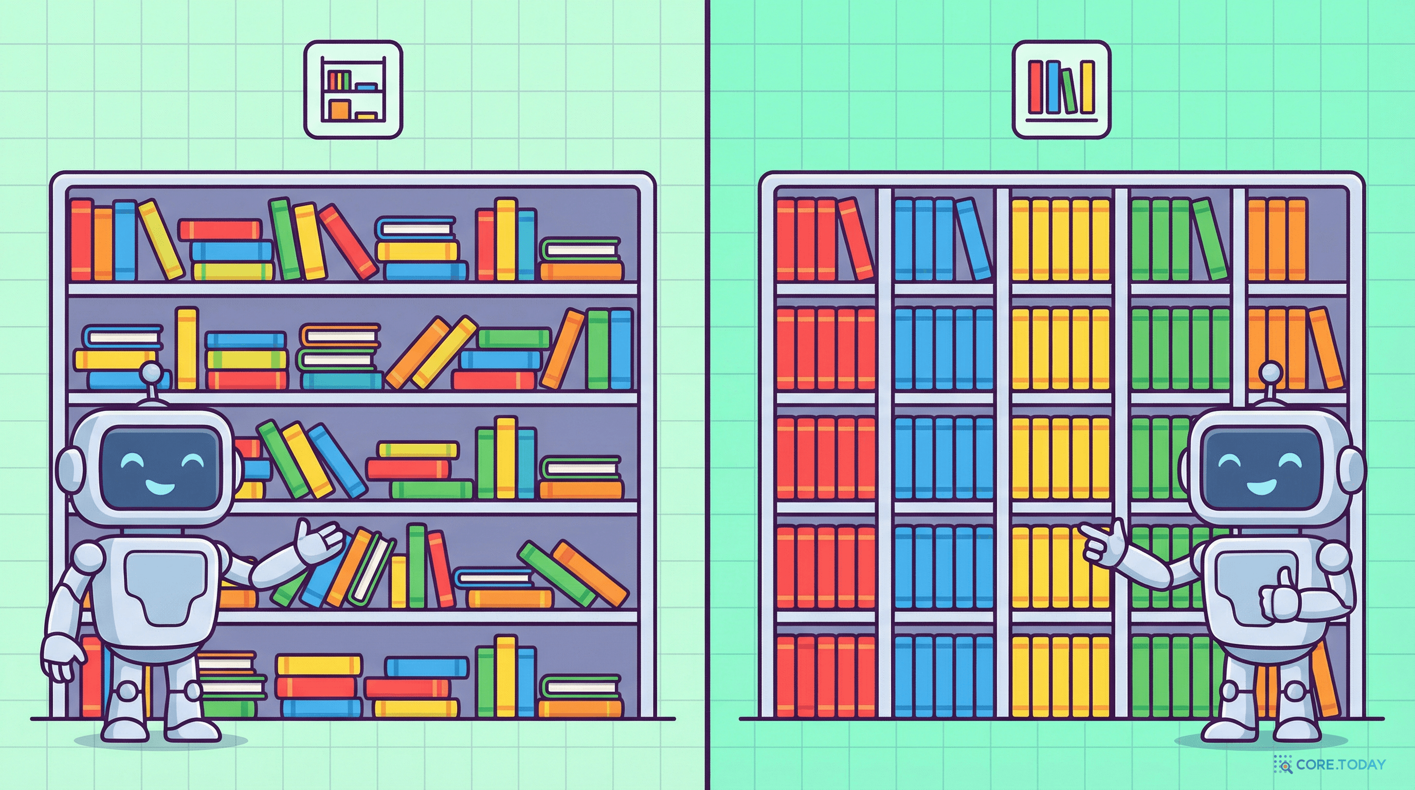 행 기반 저장과 열 기반 저장 방식을 비교하는 일러스트 — 왼쪽은 다양한 색의 책이 뒤섞인 행 저장, 오른쪽은 색별로 정렬된 열 저장