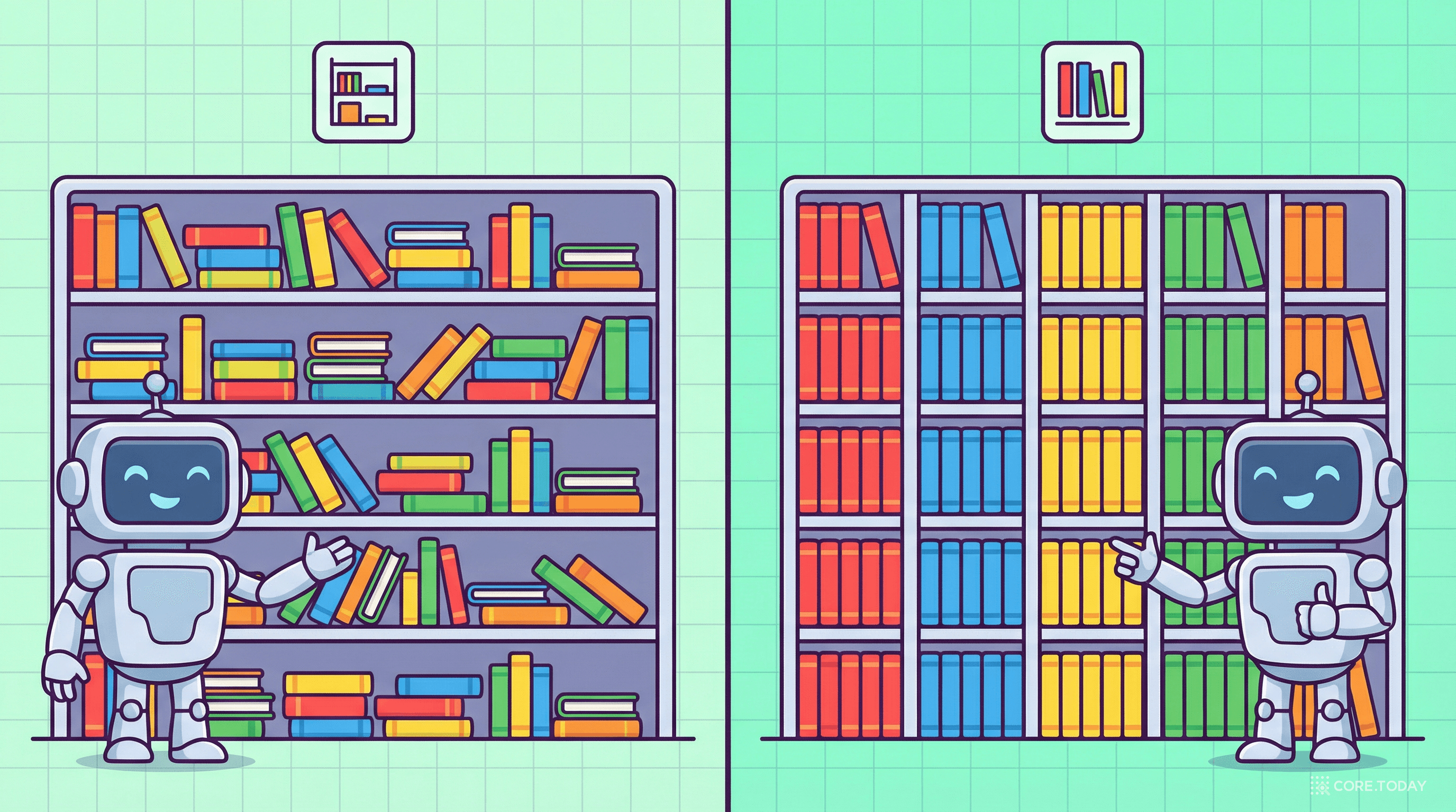 행 기반 저장과 열 기반 저장 방식을 비교하는 일러스트 — 왼쪽은 다양한 색의 책이 뒤섞인 행 저장, 오른쪽은 색별로 정렬된 열 저장