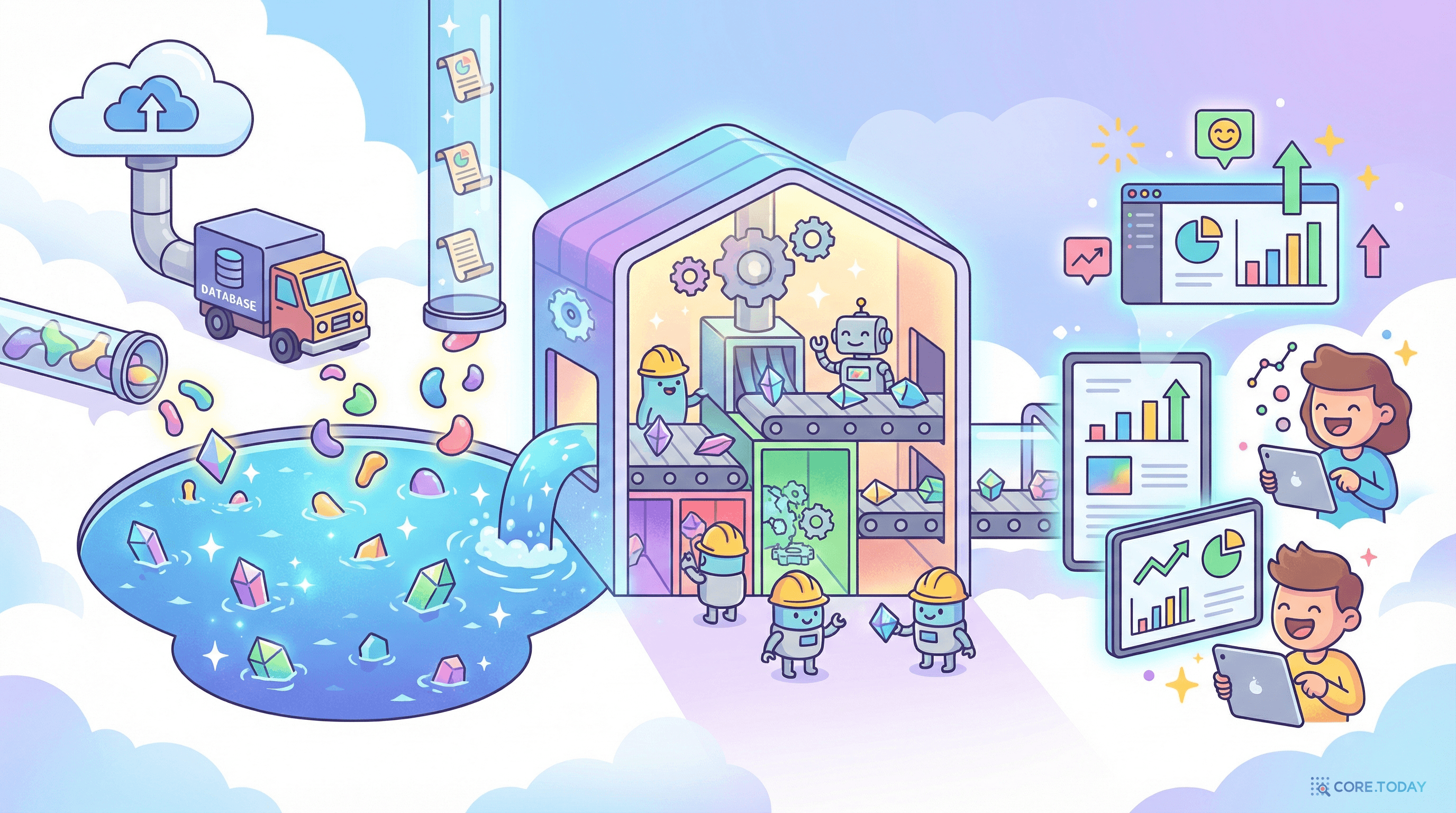 데이터 레이크하우스 개념을 표현한 일러스트 — 다양한 소스에서 데이터가 호수로 모이고 웨어하우스에서 처리되어 대시보드로 시각화되는 파이프라인