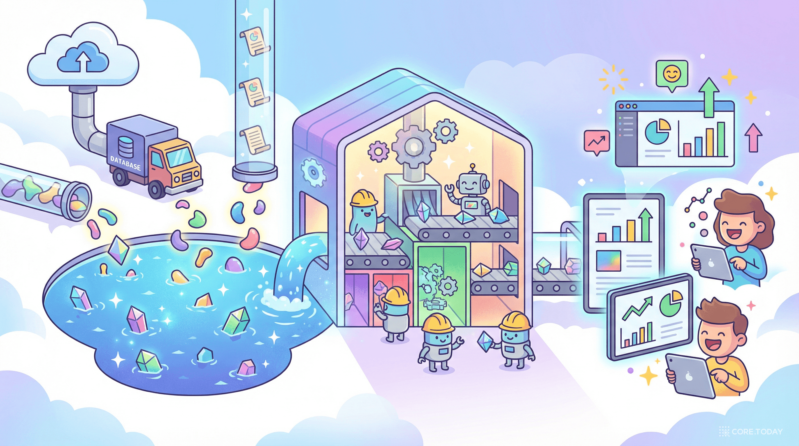 데이터 레이크하우스 개념을 표현한 일러스트 — 다양한 소스에서 데이터가 호수로 모이고 웨어하우스에서 처리되어 대시보드로 시각화되는 파이프라인