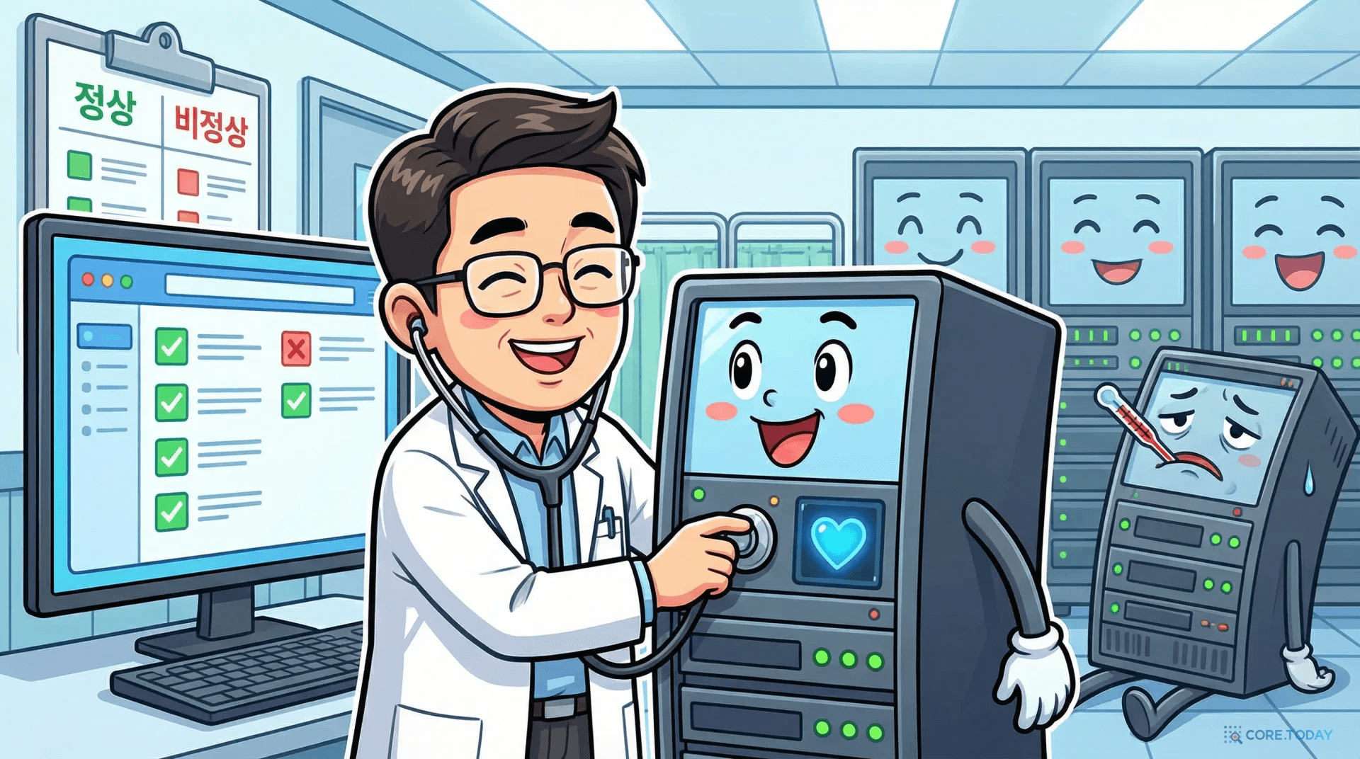의사 캐릭터가 서버의 심박수를 청진기로 확인하며 건강 상태를 모니터링하는 모습