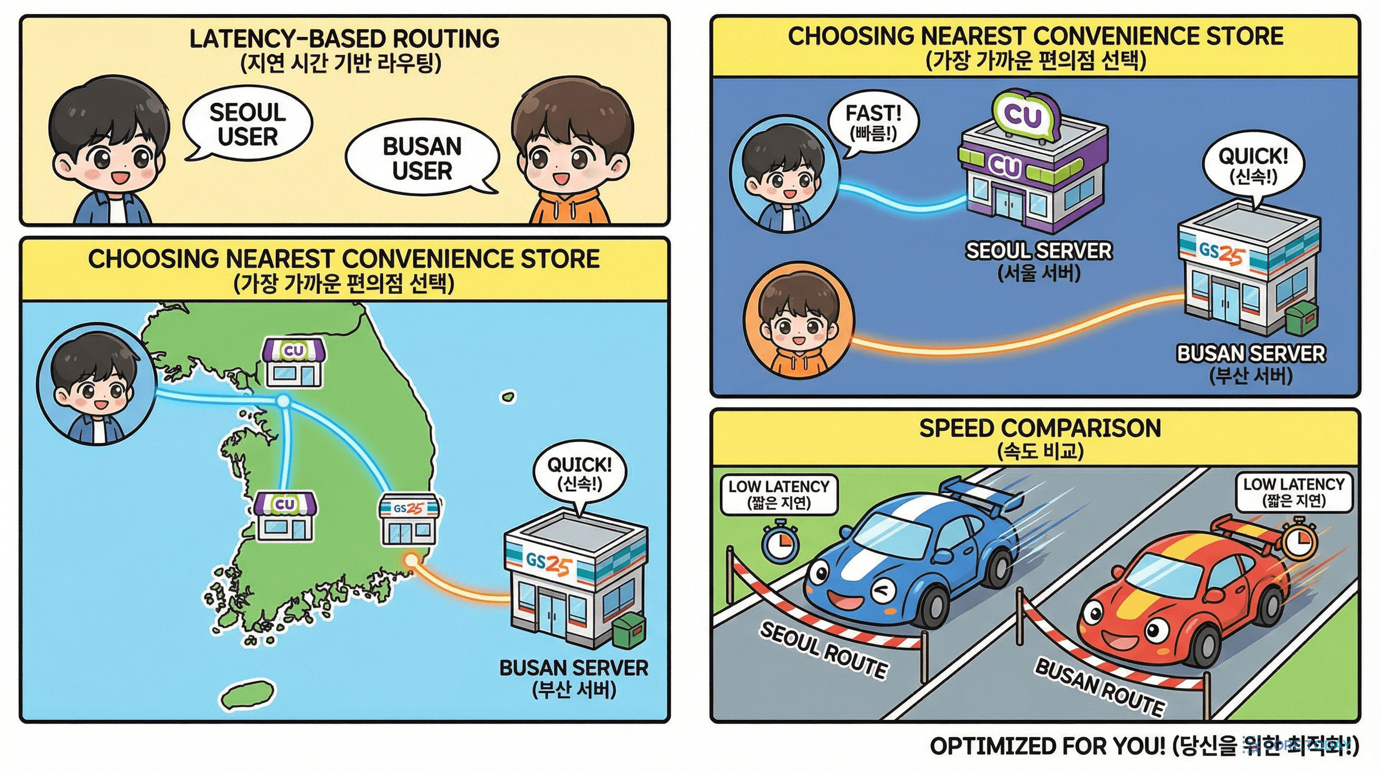 세계 지도에서 사용자가 가장 가까운 서버로 연결되는 지연 기반 라우팅