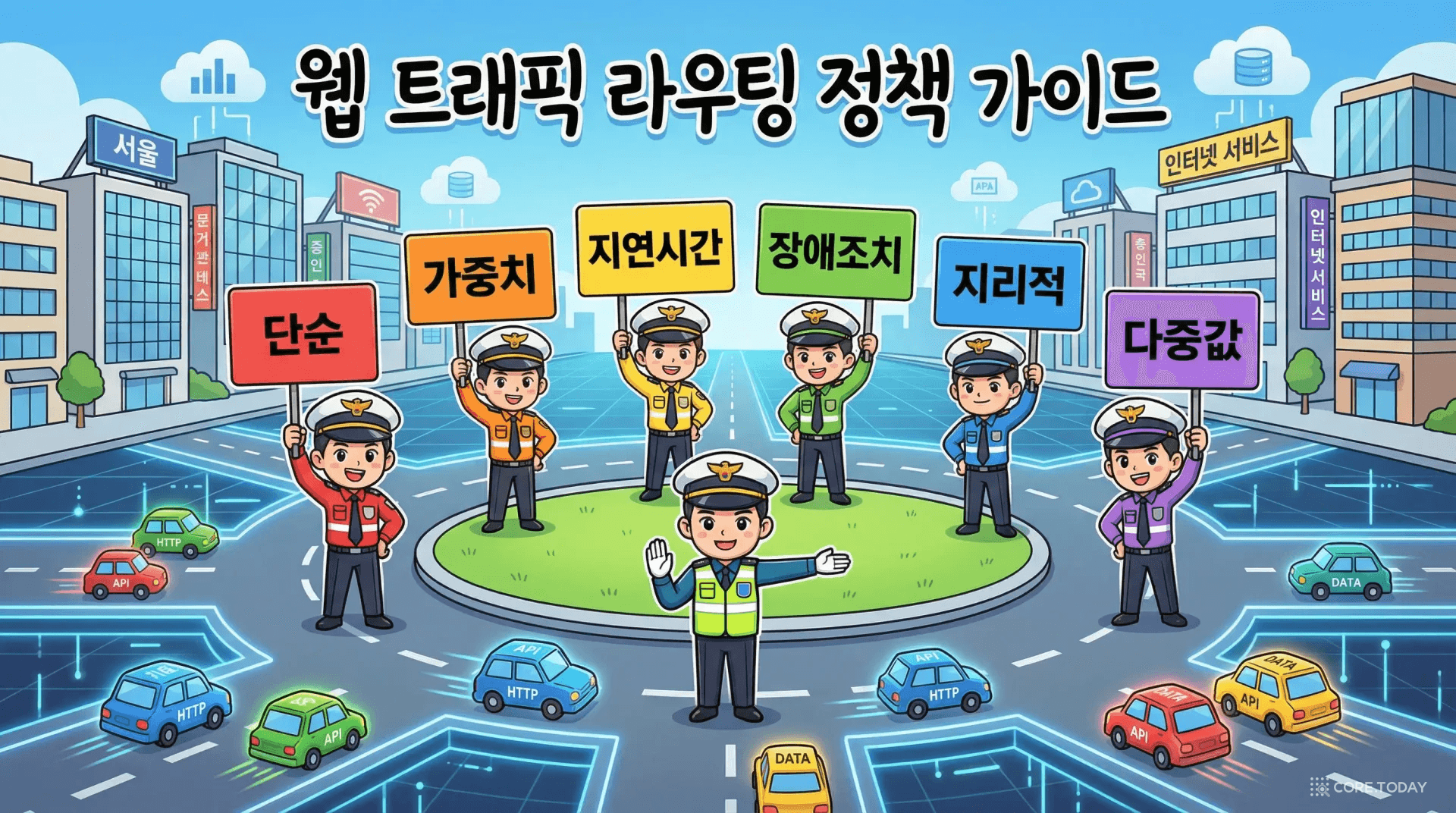 6가지 라우팅 정책을 각기 다른 색상의 교통경찰이 차량을 안내하는 모습으로 표현한 일러스트