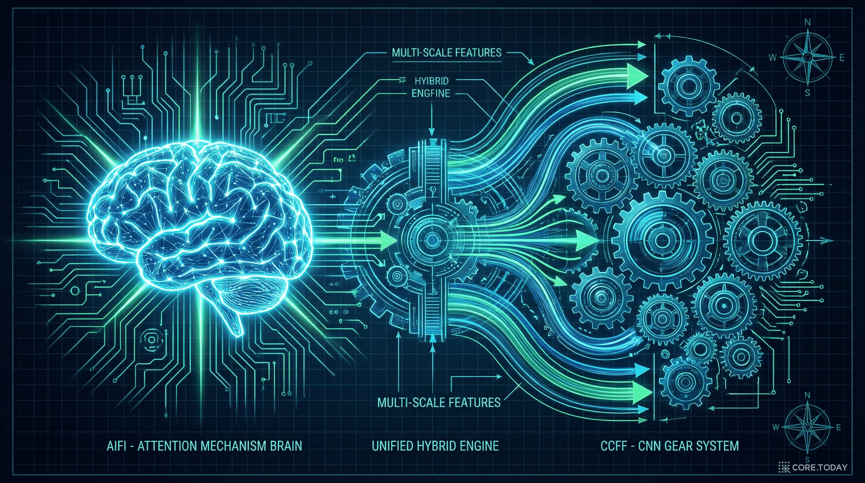 효율적 하이브리드 인코더 개념도: AIFI(어텐션 기반 내부 스케일 상호작용)와 CCFF(CNN 기반 교차 스케일 퓨전)이 하나의 엔진으로 결합된다